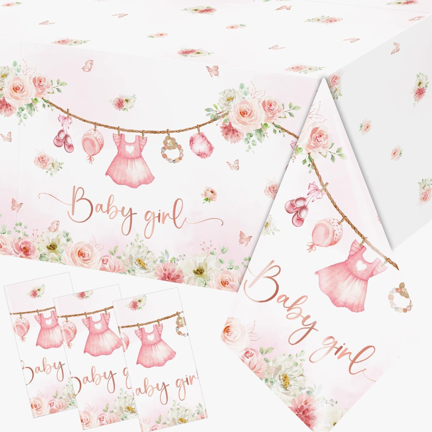 3 Pack Baby Shower Tablecloth Decoration,Floral Baby Girl Baby Shower Decoration Waterproof Pink Flower Baby Shower Tablecloth for Girl Baby Shower Gender Reveal Party Decoration