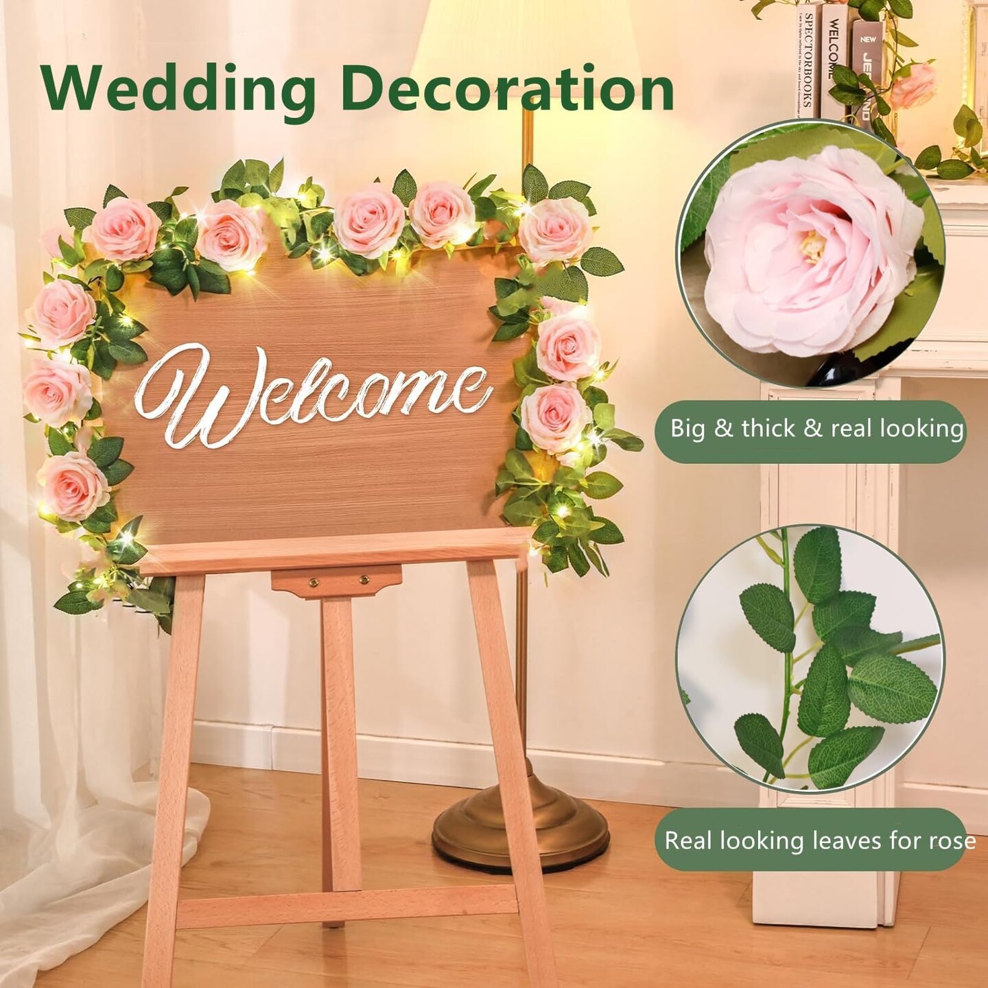 4Pcs(26 Ft) Pink Flower Garland for Daughters Babyshower, Rose Garlands for Decoration, Artificial Rose Hanging Vine for Wedding Artificial Plants for Party Garden Craft Art Garland