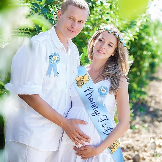 Winnie Baby Shower Sash Mom to Be Sash and Dad to Be Pin Flower Crown for Gender Reveals Party Baby Shower Decorations