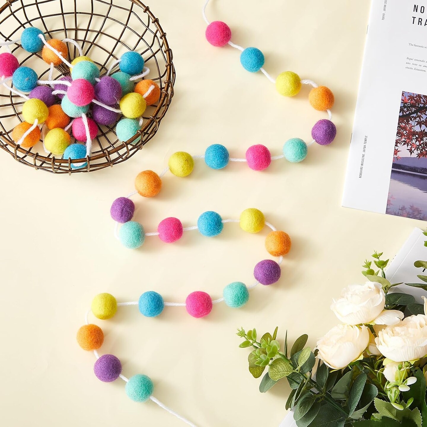 2PCS Wool Felt Ball Garland – Colorful Pom Pom Garland, Handmade 6.5FT with 24 Balls for Wall, Christmas Tree & Home Decoration (Multicolor)