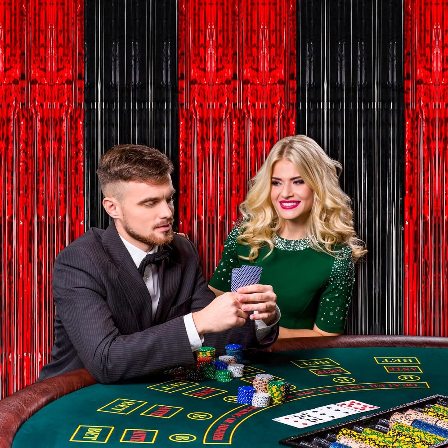 Feet Red and Black Foil Fringe Backdrop Curtains, Tinsel Streamers Birthday Party Decorations, Fringe Backdrop for Graduation, Baby Shower, Gender Reveal, Disco Party