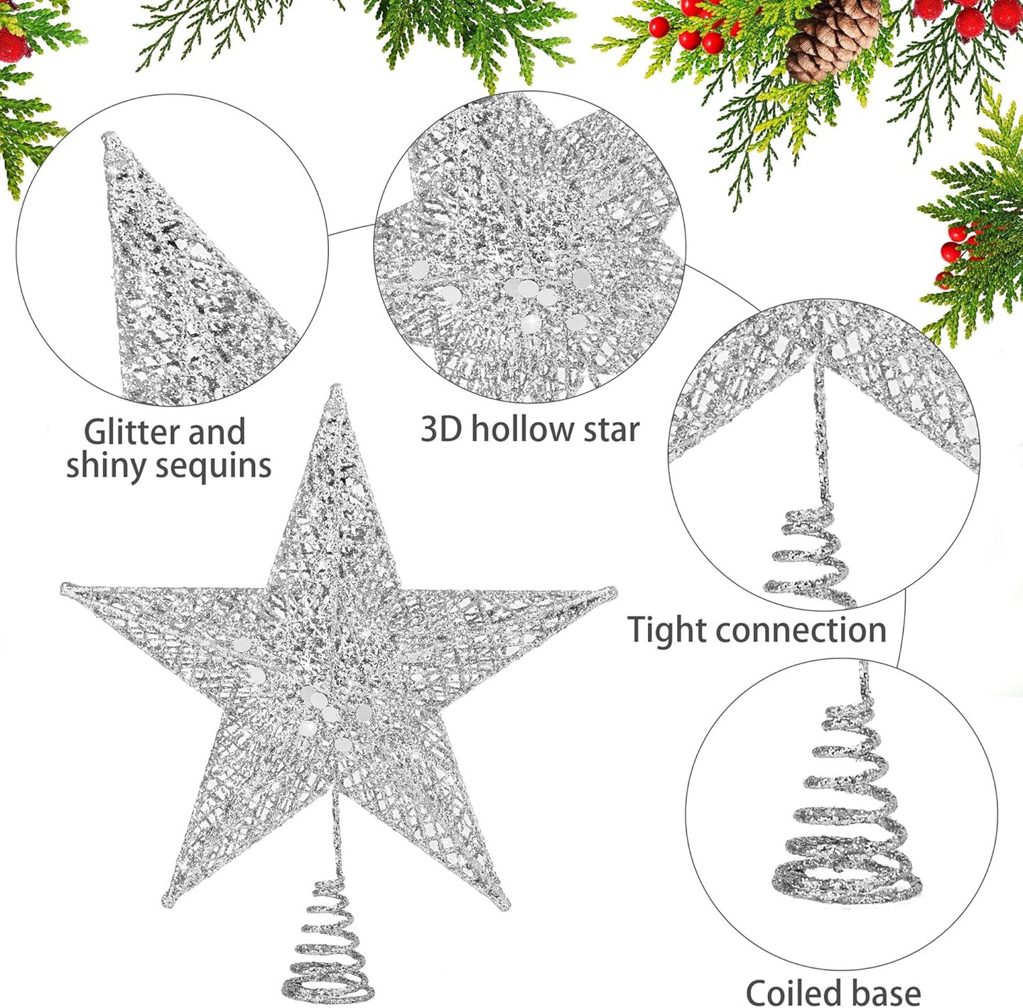 Christmas Tree Topper 8 Inches Metal Glittered Christmas Tree Topper Wire Star Treetop Sparkle Xmas Decoration for Christmas Tree Ornament Indoor New Year Holiday Party Supplies (Silver)