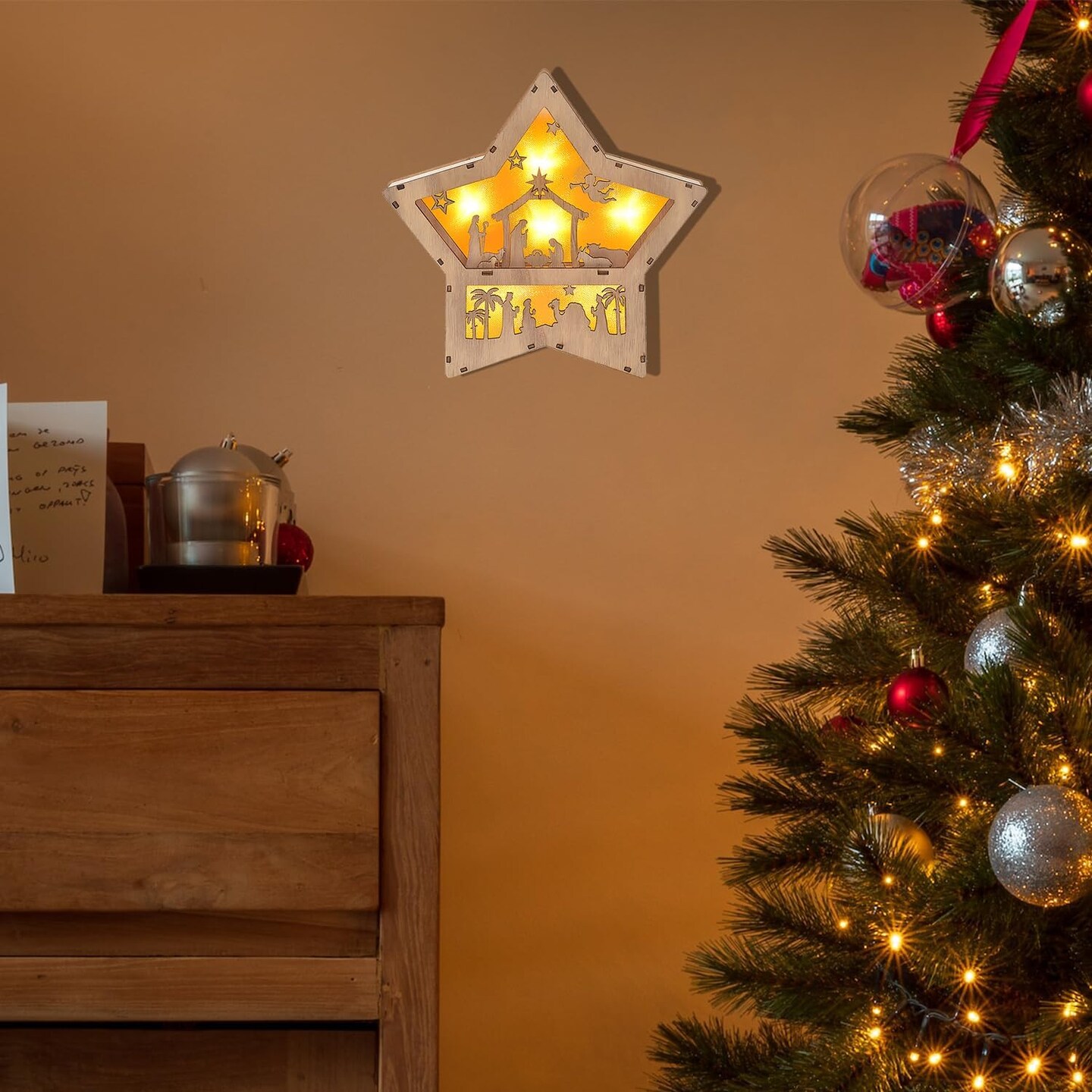 Christmas Nativity Set, Wooden Star Shaped Nativity Scene LED Light, 3D Christmas Decor, Indoor Festive Ornament, Winter Decoration Centerpiece for Table Tiered Tray Fireplace Mantel (Star)