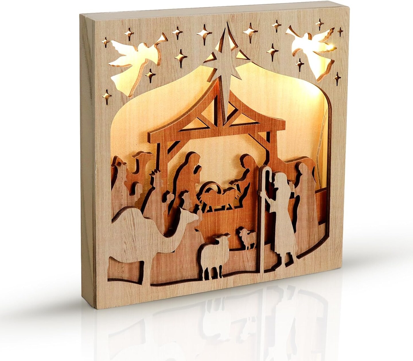 Nativity Sets Christmas Decorations Indoor, Wooden Home Decor with LED String Lights, Nativity Scene Decorations for Christmas Home Display, Table Shelf