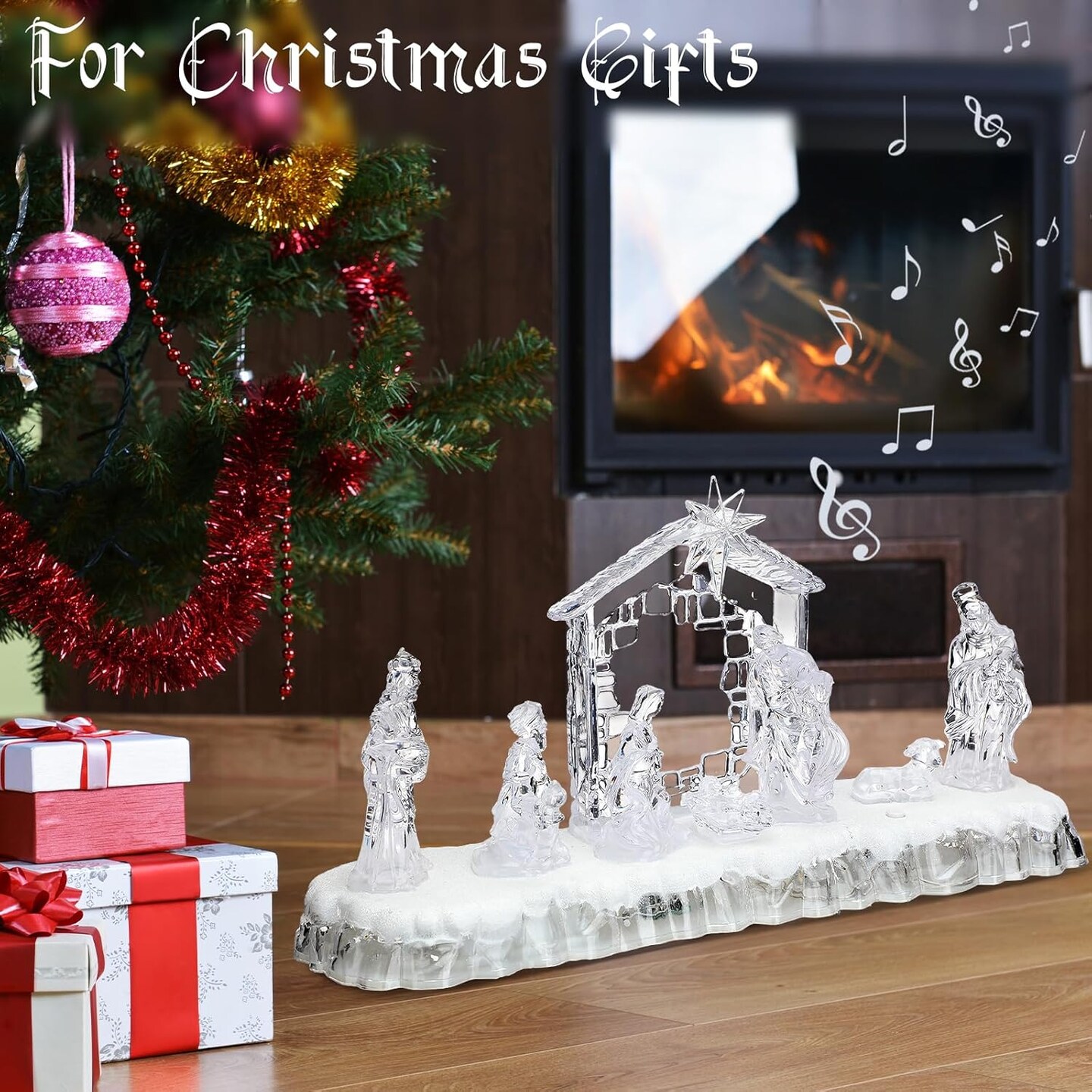 13 Inch Nativity Sets Indoor Decor for Christmas LED Acrylic Clear Lighted Musical Nativity Scene People Set Decorations for Xmas Home Table Shelf Christmas Religious Gift