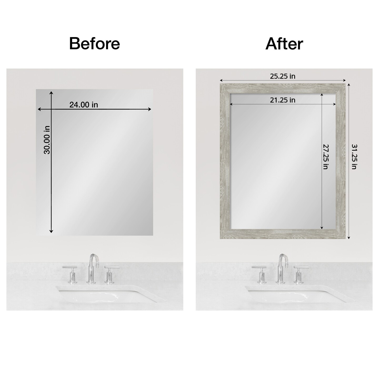 Amanti Art Mirror Makeover Bathroom Mirror Frame Border Kit - Fully Assembled Peel and Stick Frame - Mirror NOT Included - Dove Greywash Narrow Trim