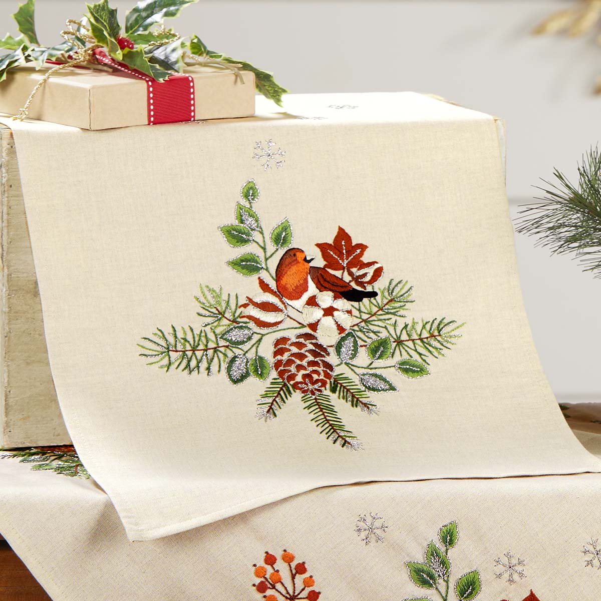 Herrschners  Christmas Bouquet with Robin Table Runner Stamped Embroidery Kit