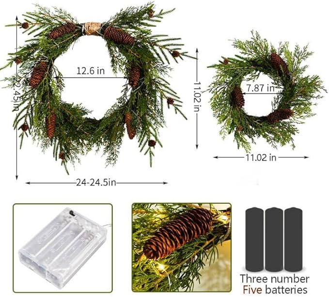 2-Pack 24in Artificial Christmas Wreaths for Front Door Green Pine Needle Pine Cone Christmas Wreath with Lights Christmas Decoration Holiday Window Wedding Decor Wreath