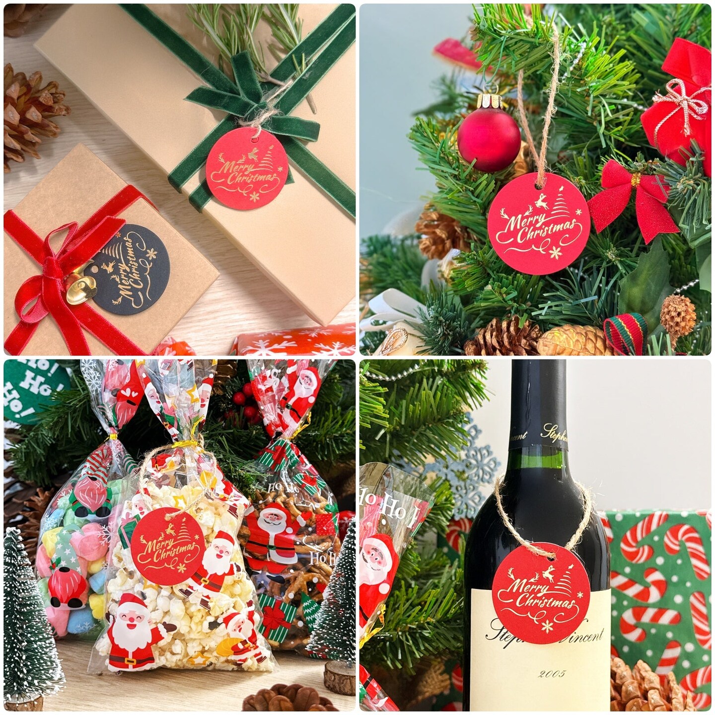 Wrapables 1.75 Inch Round Circle Gold Foil Christmas Holiday Gift Tags / Kraft Paper Hang Tags for Gift-Wrapping, Package Decoration with Jute String (100pcs), Red