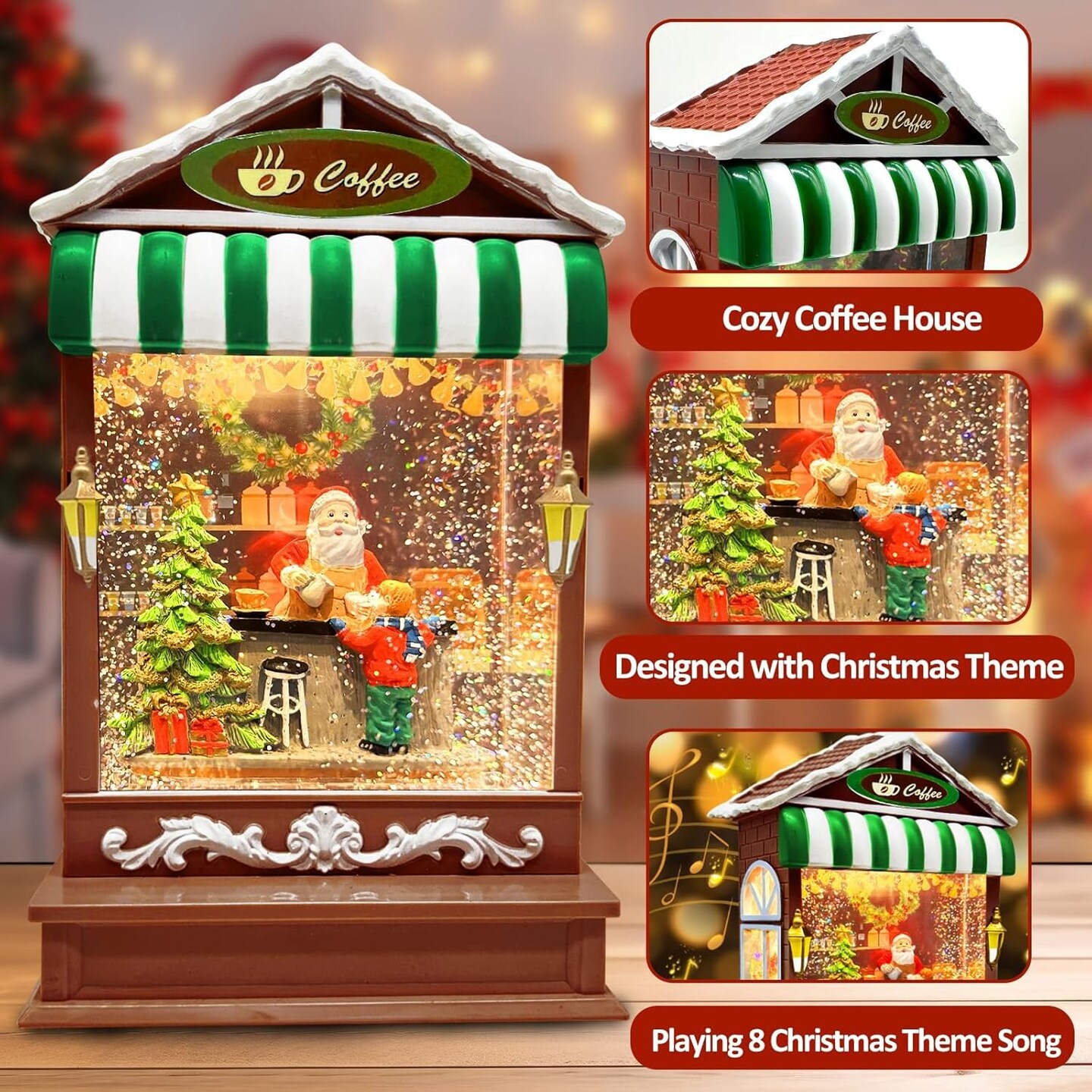 Musical Christmas Snow Globes Lighted with Timer 8 Songs Santa Making Coffee Shop Snowglobe USB/Battery Operated Swirling Glitter Christmas Decorations Home Decor for Kid Adult