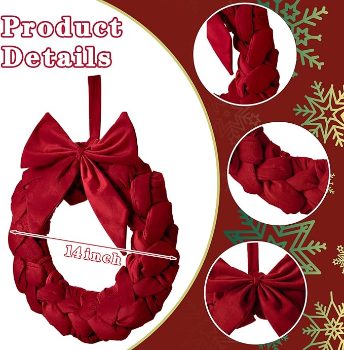 3 Christmas Velvet Wreaths 14&#x22; Christmas Wreaths for Front Door Velvet Christmas Wreath Ornament with Bow for Christmas Party Table Fireplaces Porch Walls New Years Home Decor (Red)