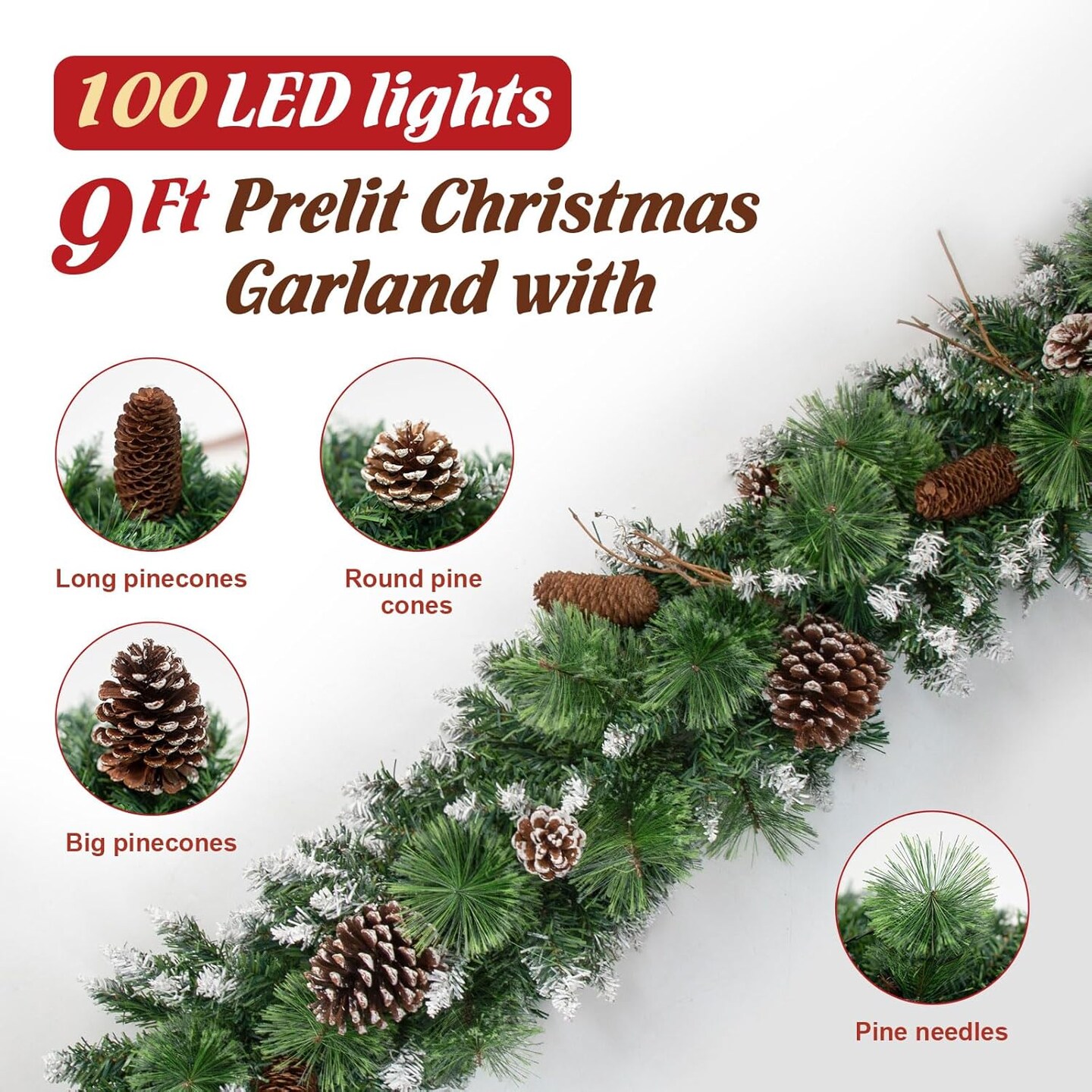 Pre-lit Christmas Garlands Xmas Decorations 8 Mode Timer Waterproof with Snowy Large Pine Cones, Long Pine Cones for Mantle Stairs Door Outdoor Decor