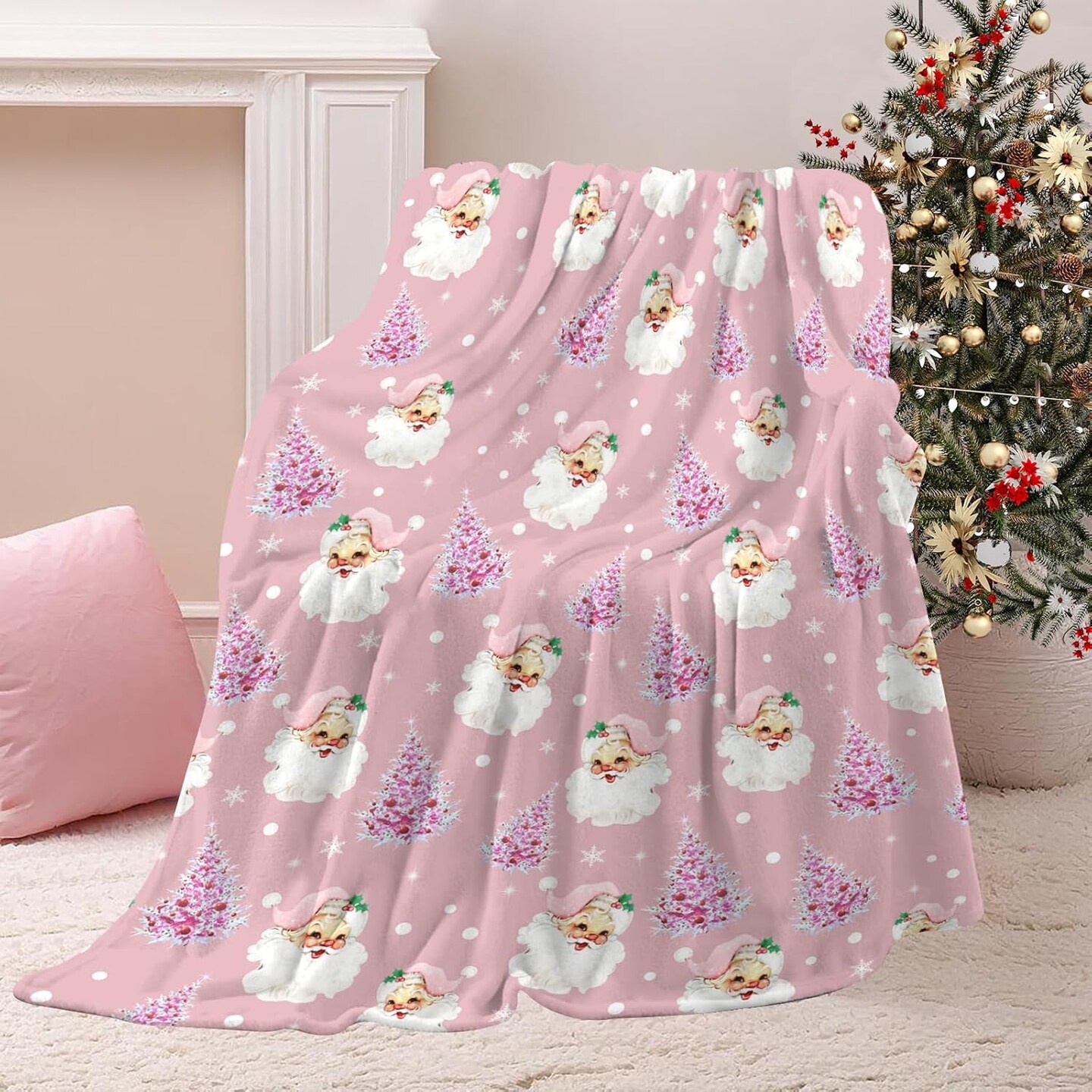 Soft Plush Christmas Blanket,Cute Santa Claus Pink Christmas Tree Snowflake Warm Throw Blanket for Couch, Seasonal Winter Xmas Holiday Blanket for Couch Bed Living Room 50&#x22;x40&#x22;