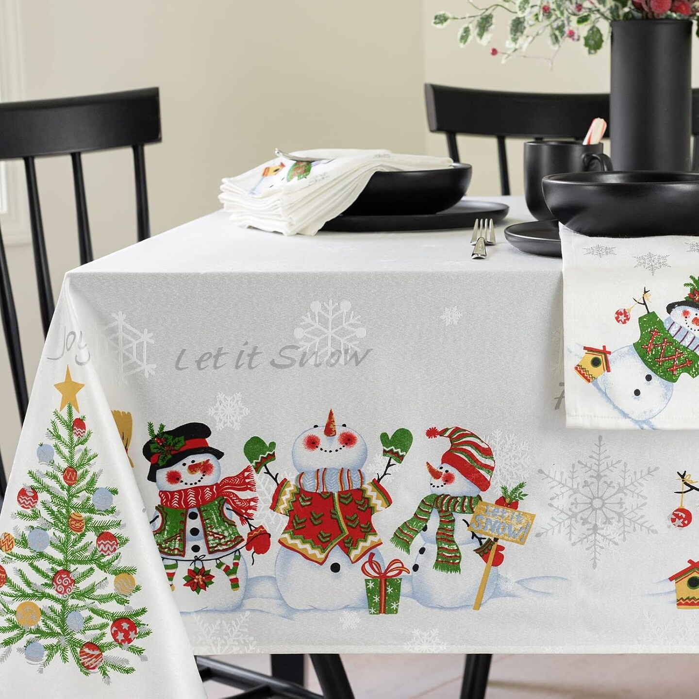 Believe Snowman Engineered Printed Jacquard Fabric Christmas Table Cloth, Christmas Tablecloth for All Winter and Holiday (60&#x22; x 104&#x22; Rectangular, Believe Snowman)