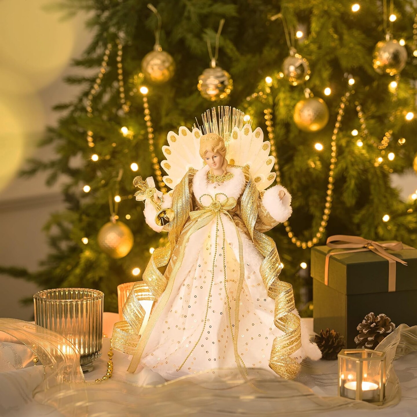 Lighted Christmas Tree Topper Angel with Timer, 12 Inch Luxury White Gold Fabric Small Angel Tree Topper with Lights for Christmas Tree Decoration Indoor, Battery Operated