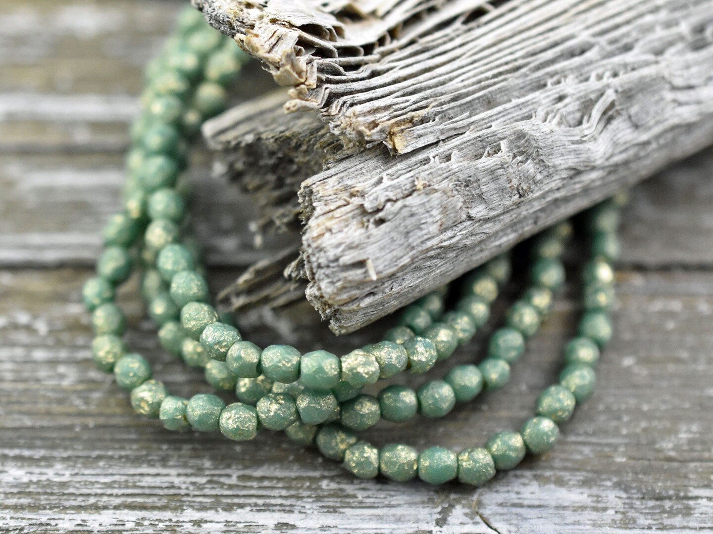 *50* 3mm Gold Washed Etched Sea Green Fire Polished Round Beads