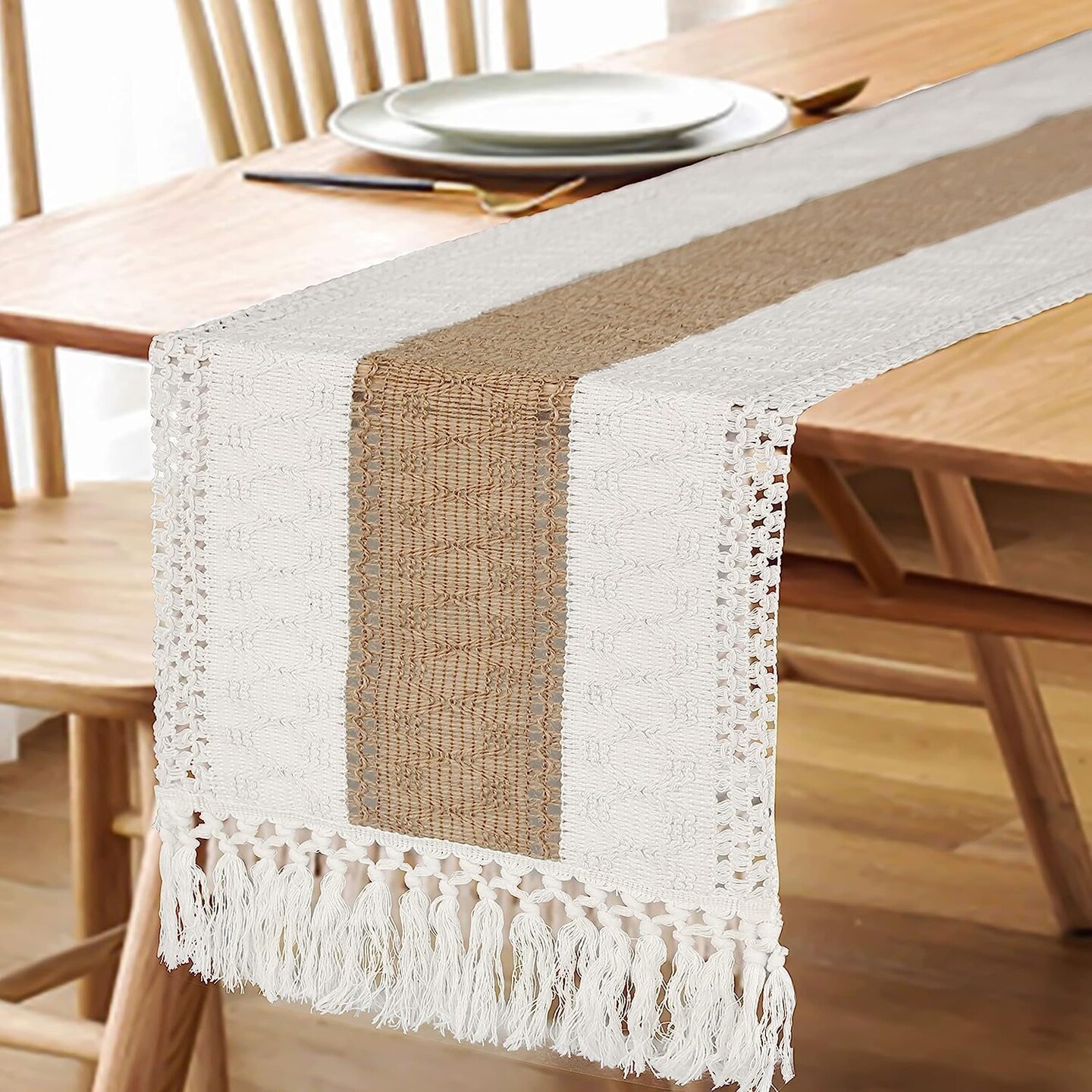 Boho Table Runner 108 Inches Long for Christmas Home Decor Farmhouse Table Runner Cream &#x26; Brown Rustic Macrame Table Runner for Bohemian Dining Bedroom Decor Bridal Shower (12x108 Inches)