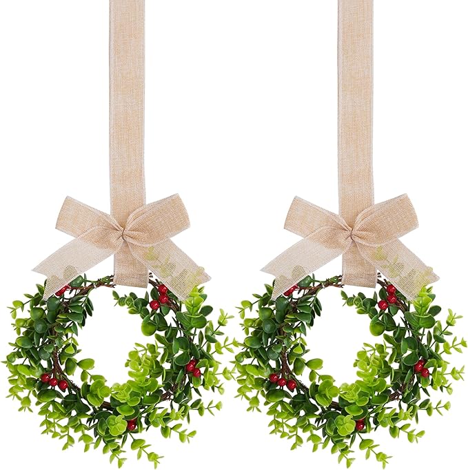 2Pcs Mini Christmas Wreaths Cabinet Wreaths Small Green Hanging Wreath Christmas Ornament for Cabinets Winter Holiday Home Outdoor Indoor Window Christmas Tree Crafts Decorations 25 x 10 Inch