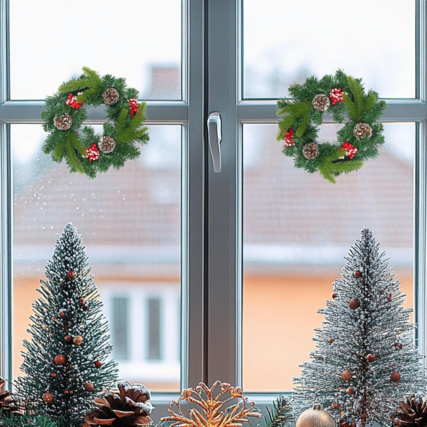 3 Pcs 11.5 Inch Small Christmas Wreath Mini Christmas Door Wreath with Frosted Berries Pine Tips Pinecones Christmas Decorations for Indoor Window Wall Stairs Room Home Office Decor Kitchen
