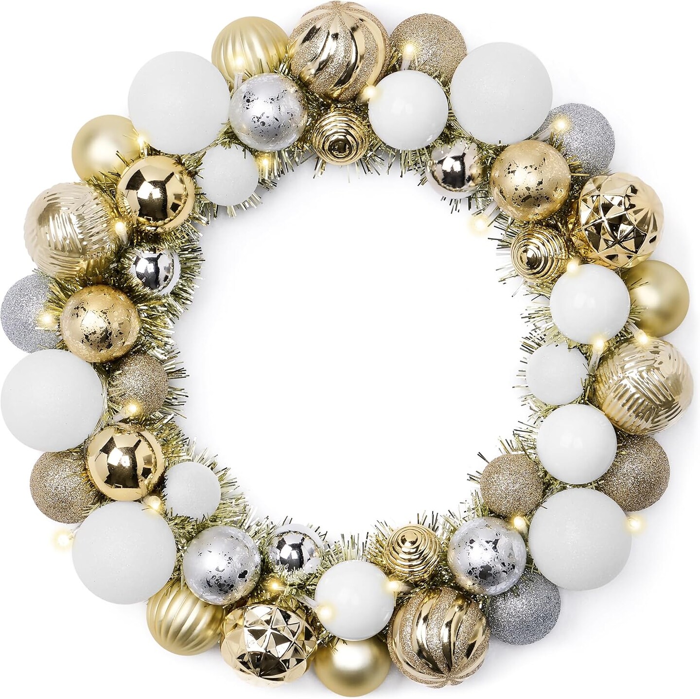 Pre-Lit Christmas Ball Wreath for Front Door with Lights, 13&#x27;&#x27; Lighted Christmas Wreath with White Gold Xmas Balls for Fireplace Window Outdoor Table Centerpiece Holiday Home Decoration