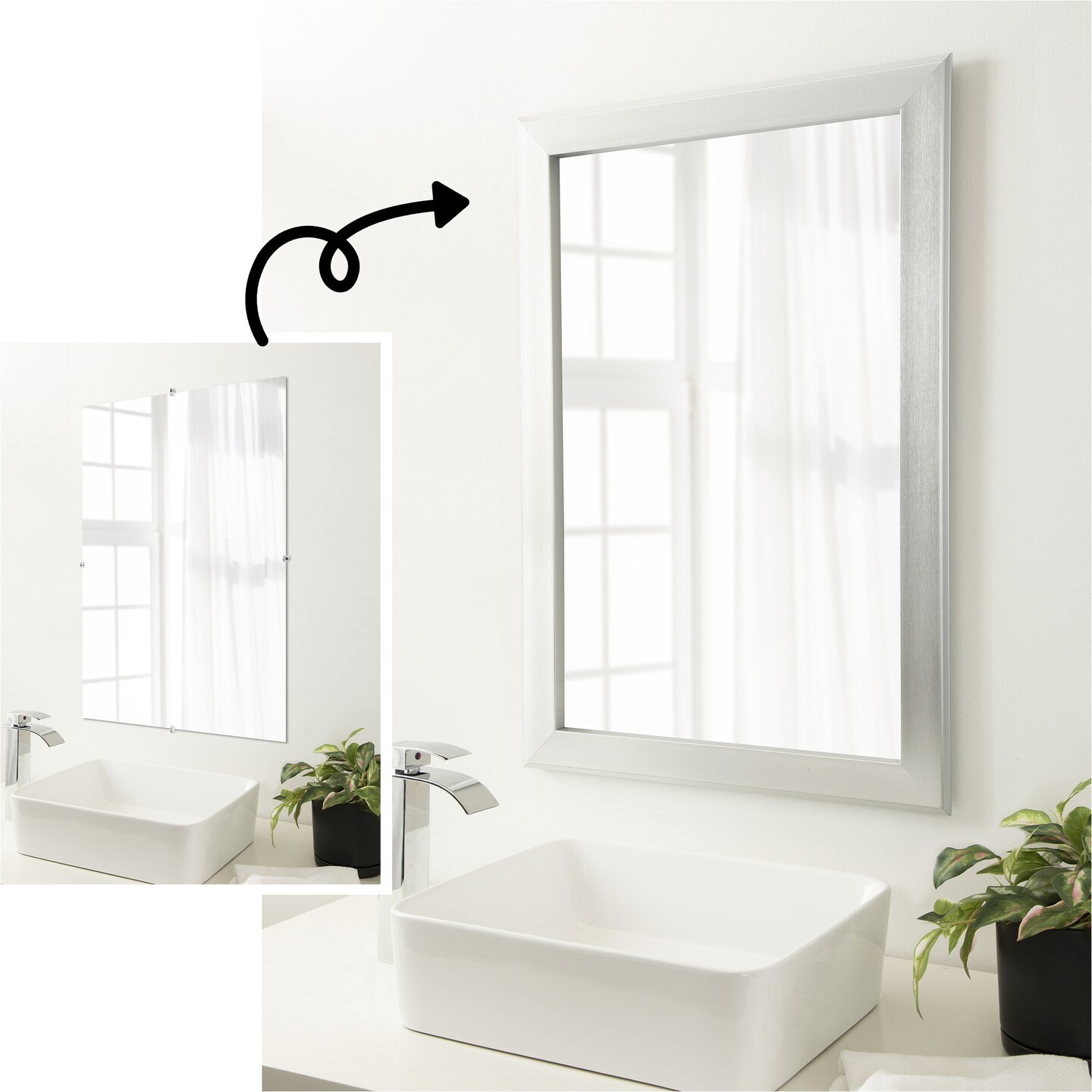 Amanti Art Mirror Makeover Bathroom Mirror Frame Border Kit - Fully Assembled Peel and Stick Frame - Mirror NOT Included - Vista Brushed Nickel Trim