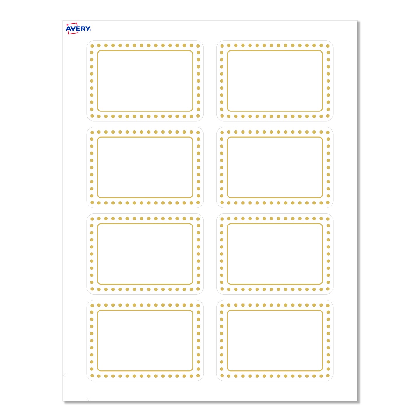 Avery&#xAE; Printable Rectangle Adhesive Name Tags, Gold Border with Gold Dots Design, 2-1/3&#x22; x 3-3/8&#x22;, Matte White Removable Name Tags, Laser/Inkjet, 80 Total, Great for Name Badges