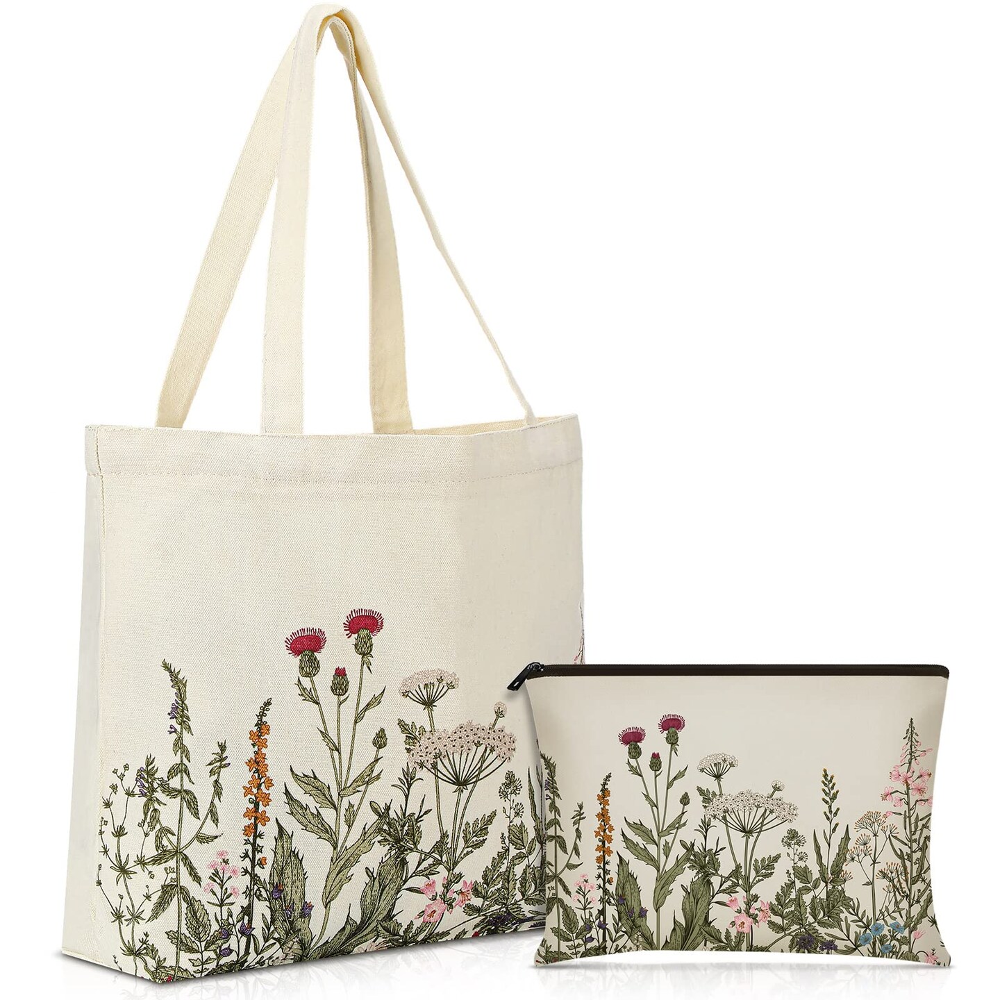 2 Pcs Wildflower Aesthetic Canvas Tote Bags for Women with Makeup Zipper Pouch Mother's Day Cute Floral Reusable Shoulder Tote Bag for Graduation Teacher Beach Shopping Travel Work Gym Grocery