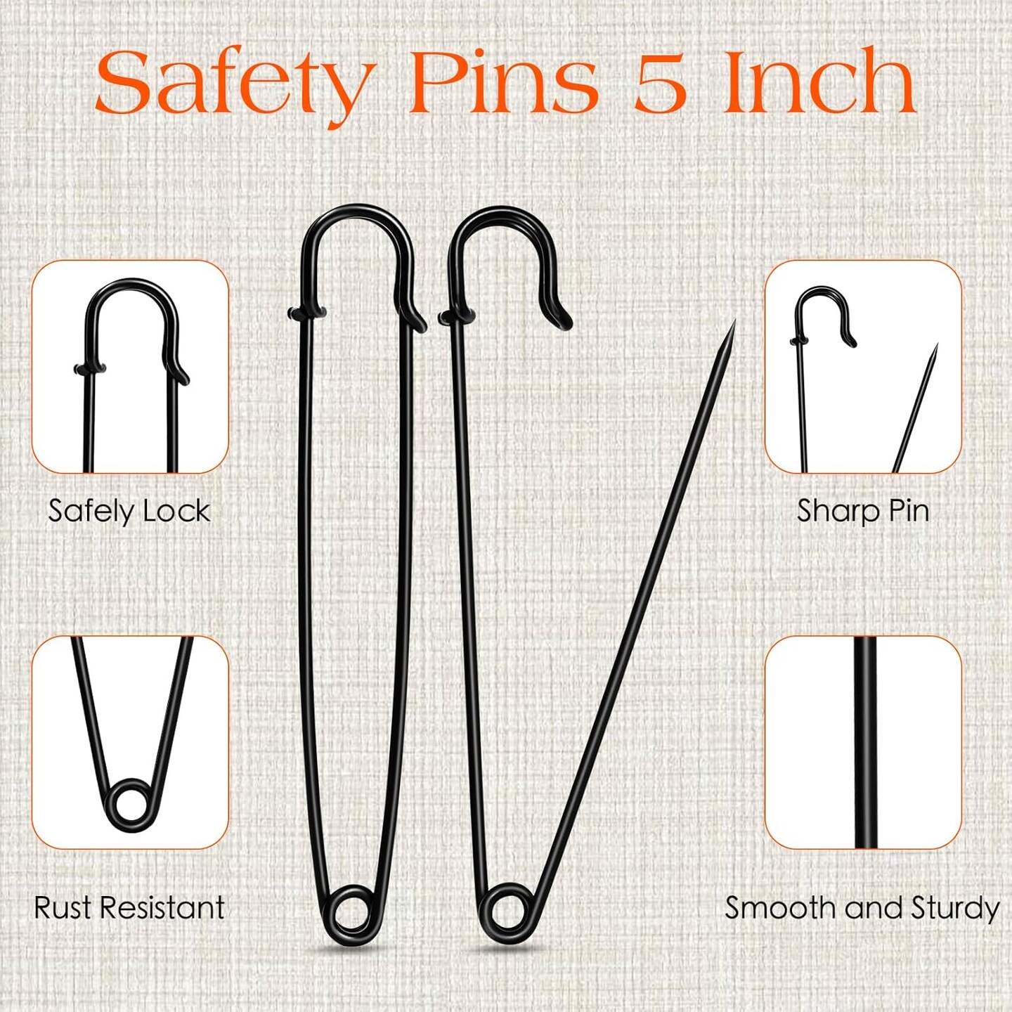 Extra Large Safety Pins Heavy Duty, 5 inch Giant Safety Pin, 10 PCS Black Big Safety Pin, Jumbo Safety Pins for Clothes, Blankets, Thick Fabric, Decorations