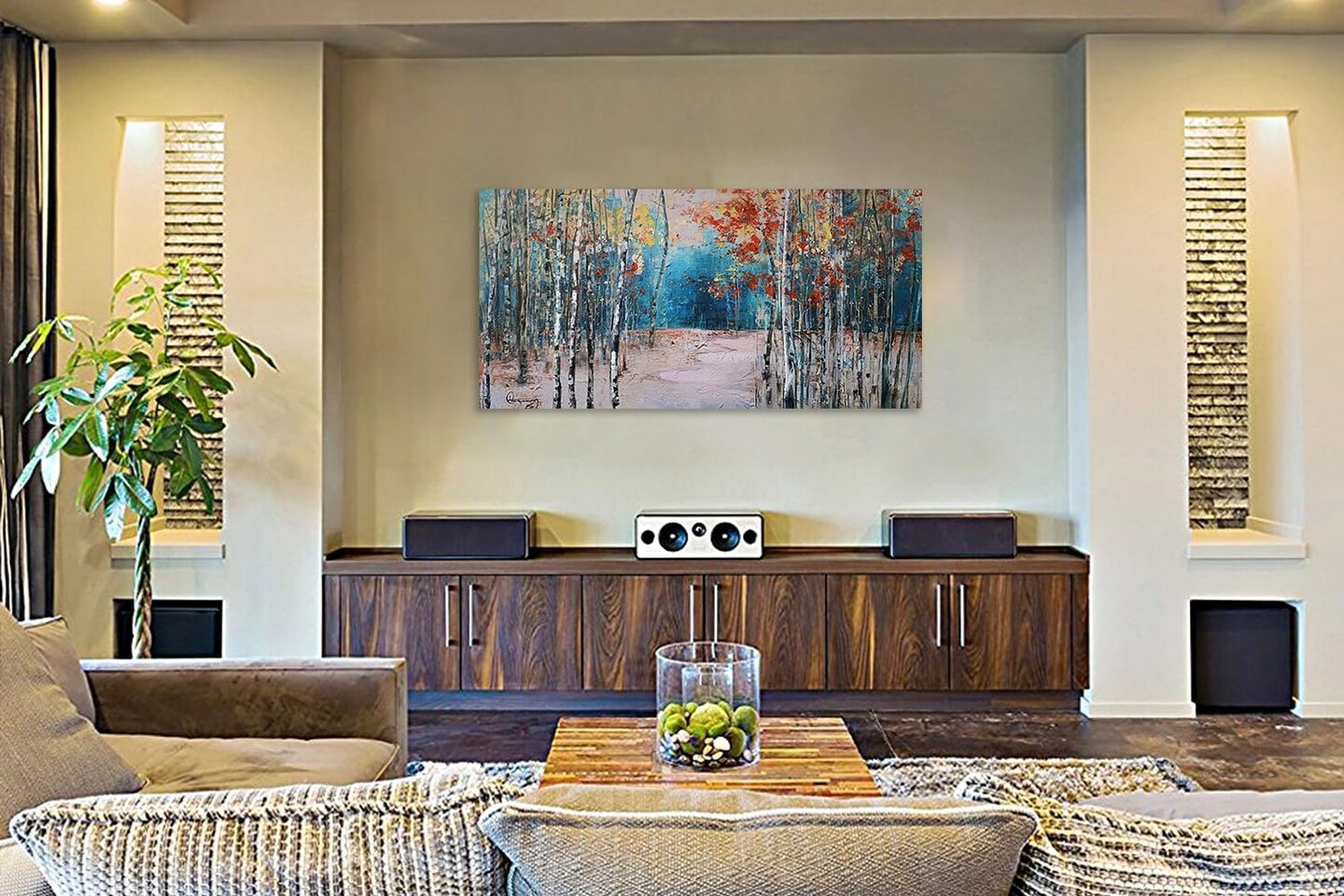 White Birch Tree Canvas Wall Art Blue Forest Painting Landscape Picture (48"x24")