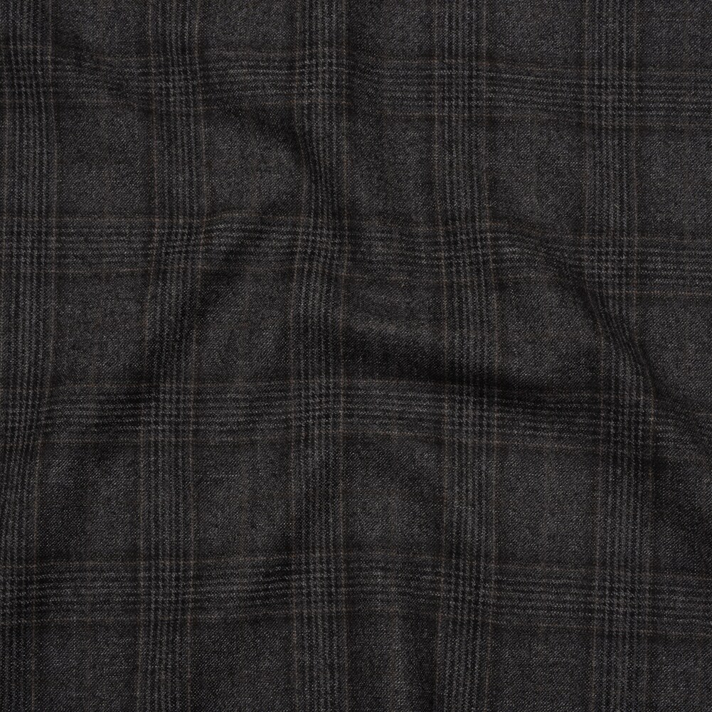 1 Yard Super 130 Wool Suiting Charcoal Black and Brown Plaid Fabric 60 inch Width