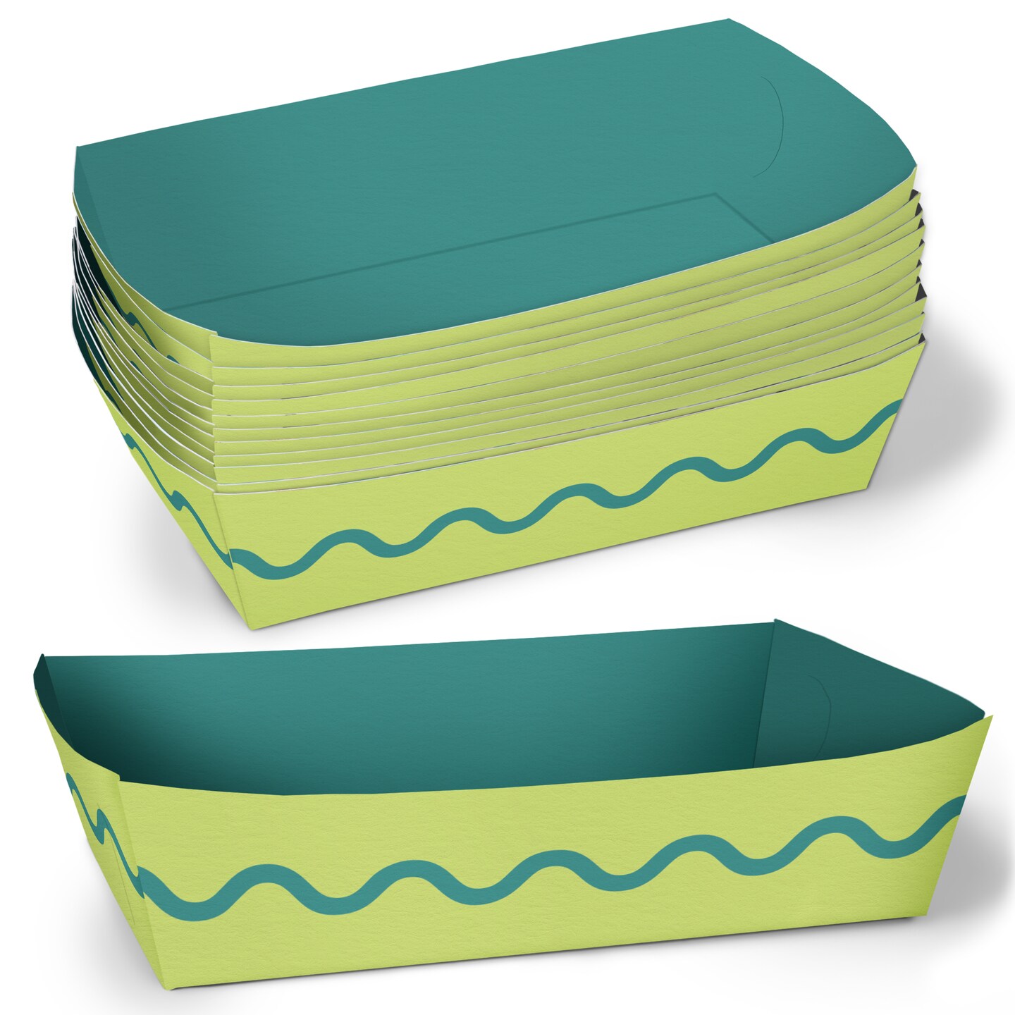 Big Dot of Happiness Light Green and Teal Wavy Paper Food Trays, Disposable Food Boats Retro Birthday Party, Double-Sided Meal Holders - Set of 12