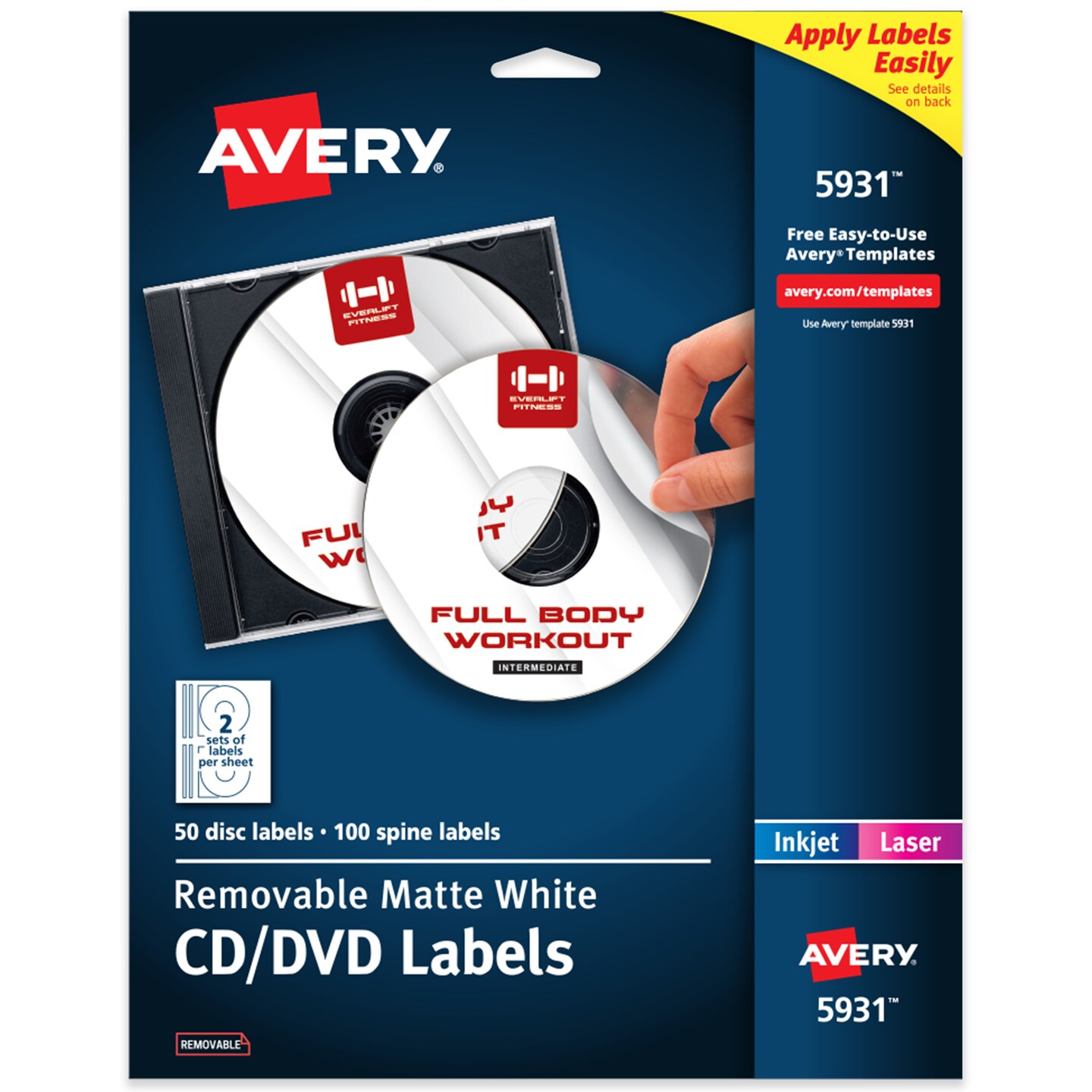 Avery Printable CD Labels, Matte White, Removable Adhesive, Laser & Inkjet Printers, 50 Blank CD Labels & 100 Spine Labels (5931)