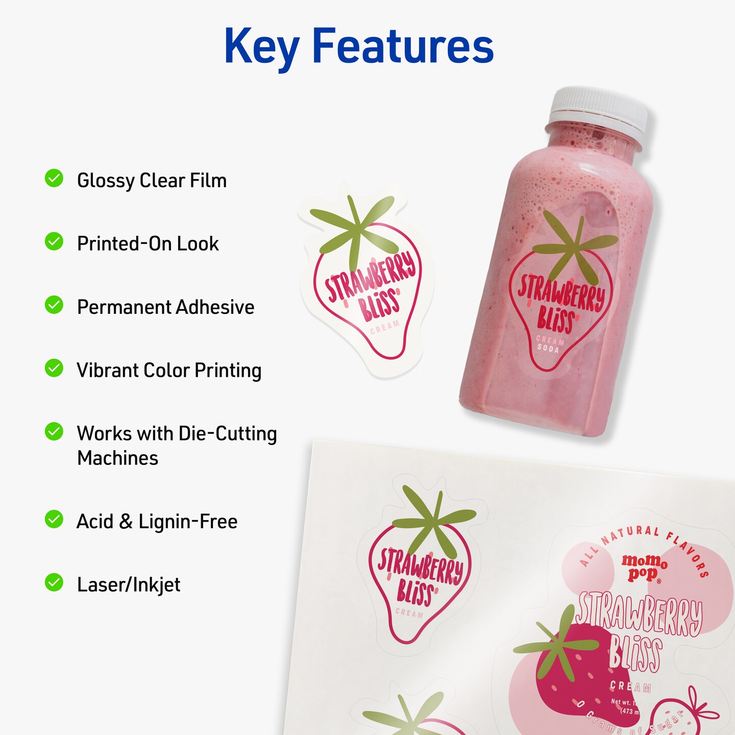 Avery Printable Sticker Paper, 8.5&#x22; x 11&#x22;, Glossy Clear, Permanent Adhesive, Laser/Inkjet Compatible, 7 Full-Size Label Sheets (4397)