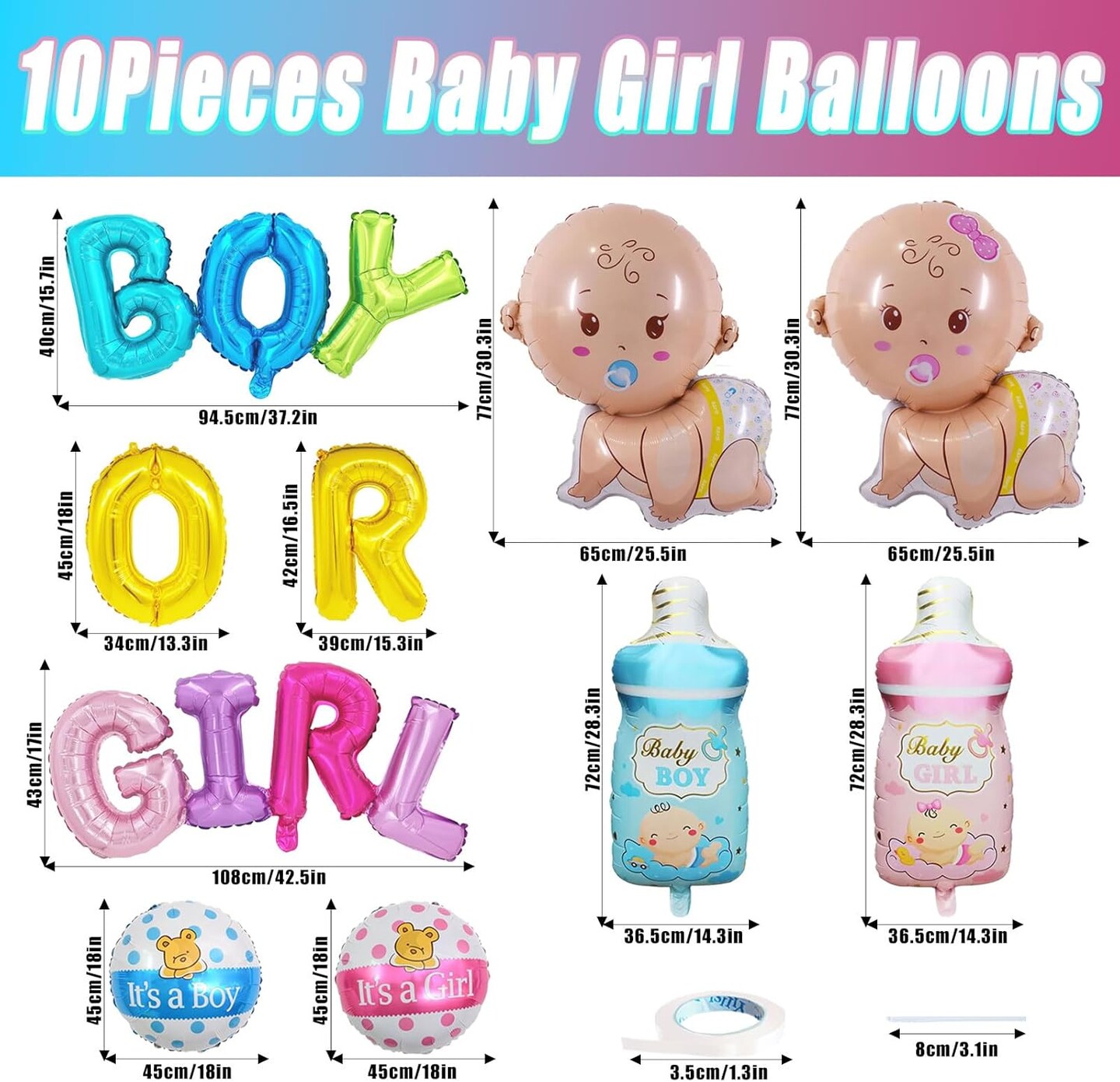10 Pcs Gender Reveal Balloons, Baby Boy &#x26; Girl Mylar Balloons, Baby Shower &#x26; Gender Reveal Party Decorations