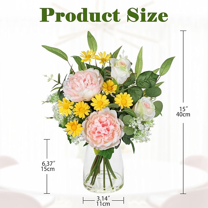 Artificial Flowers in Vase, Mixed White Rose Pink Peony Yellow Daisy and Greenery Leaf Floral Arrangements, Fake Flowers in Glass Vase with Faux Water, Home Wedding Patio Centerpiece Decor