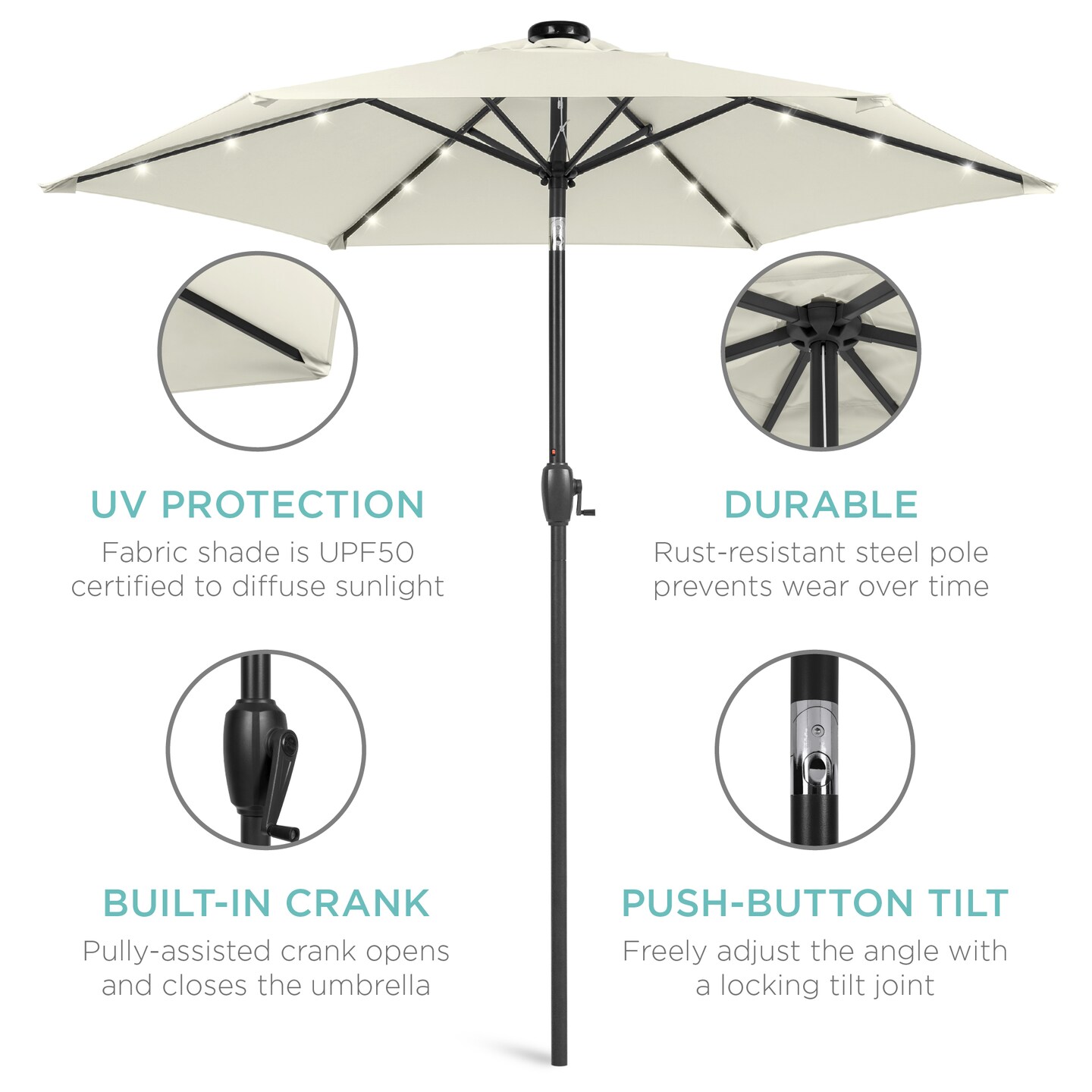 Best Choice Products 7.5ft Outdoor Solar Patio Umbrella for Deck, Pool w/ Tilt, Crank, LED Lights