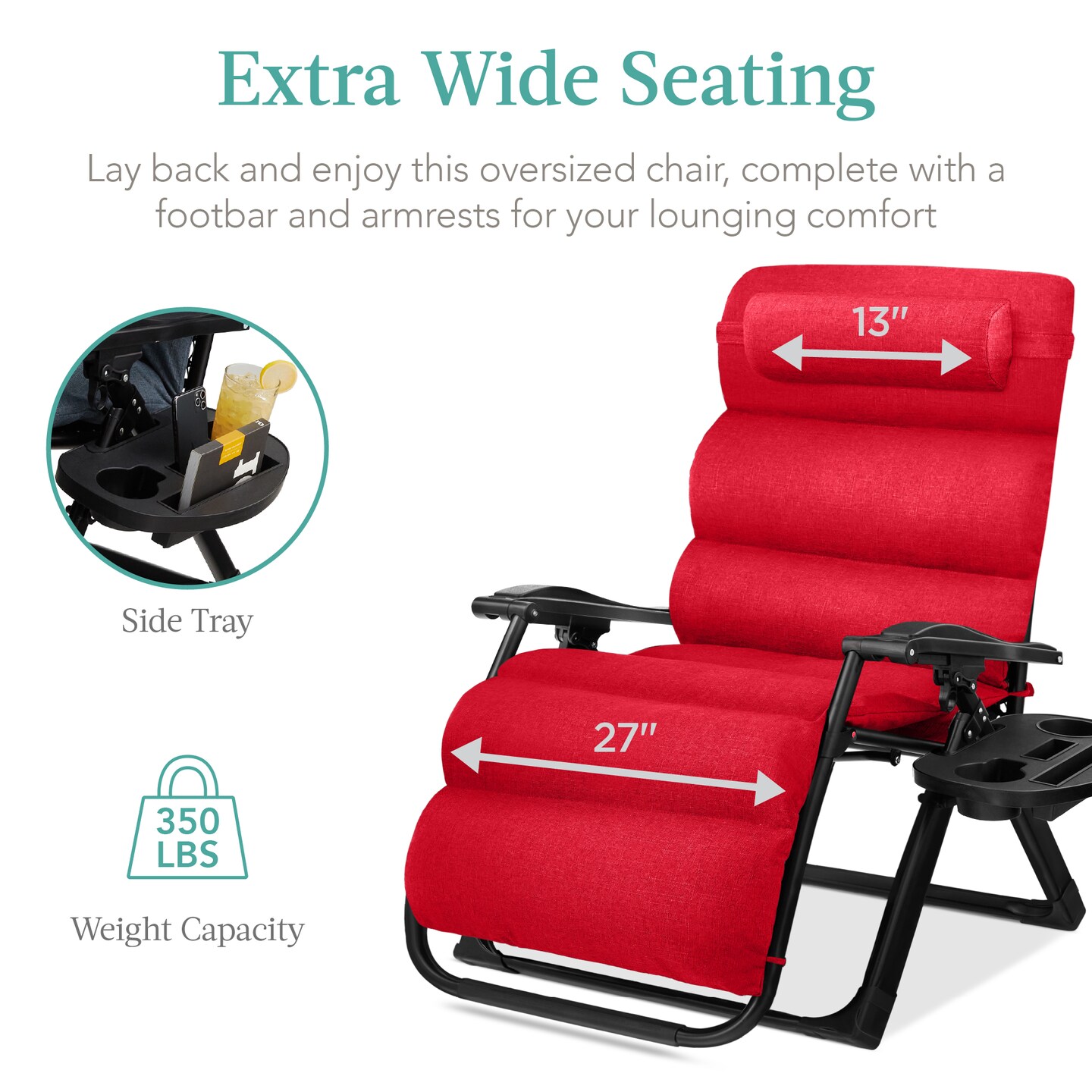 Best Choice Products Oversized Zero Gravity Chair, Folding Recliner w/ Removable Cushion, Side Tray