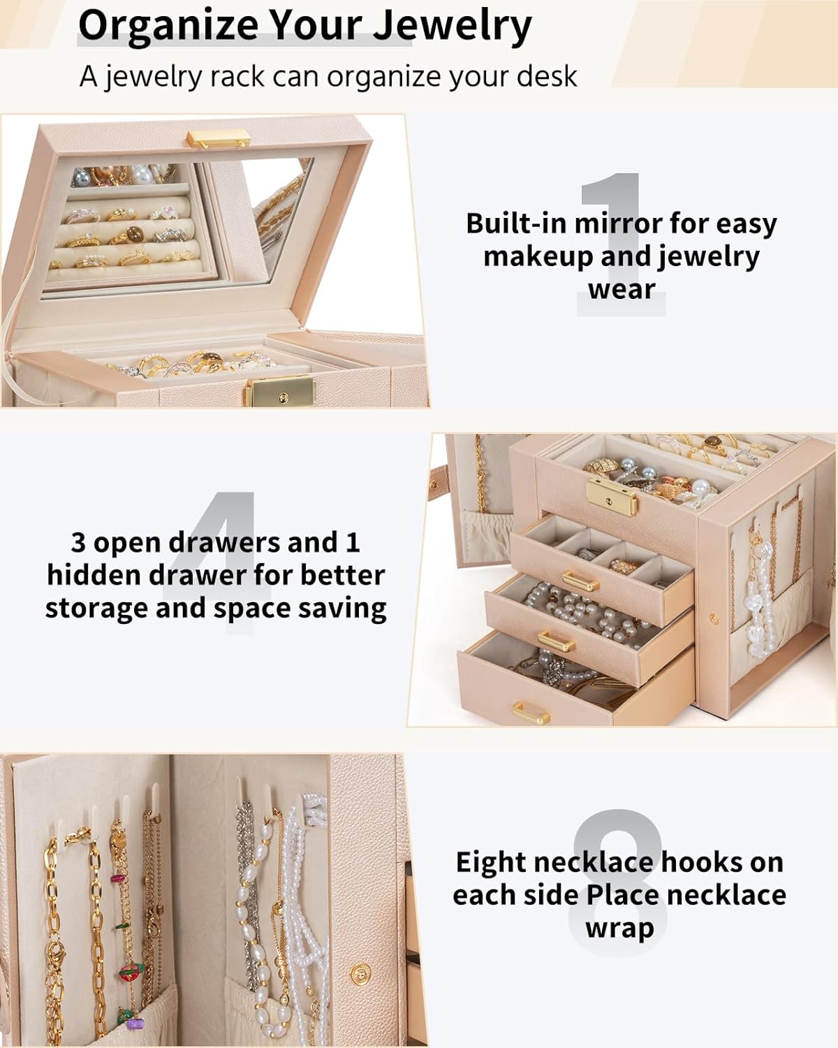 4-Tier Jewelry Box Leather Jewelry Storage Organizer with 3 Drawers Lockable for Women Girls Ring Necklace Earring Bracelet Watches Holder with Mirror Champagne