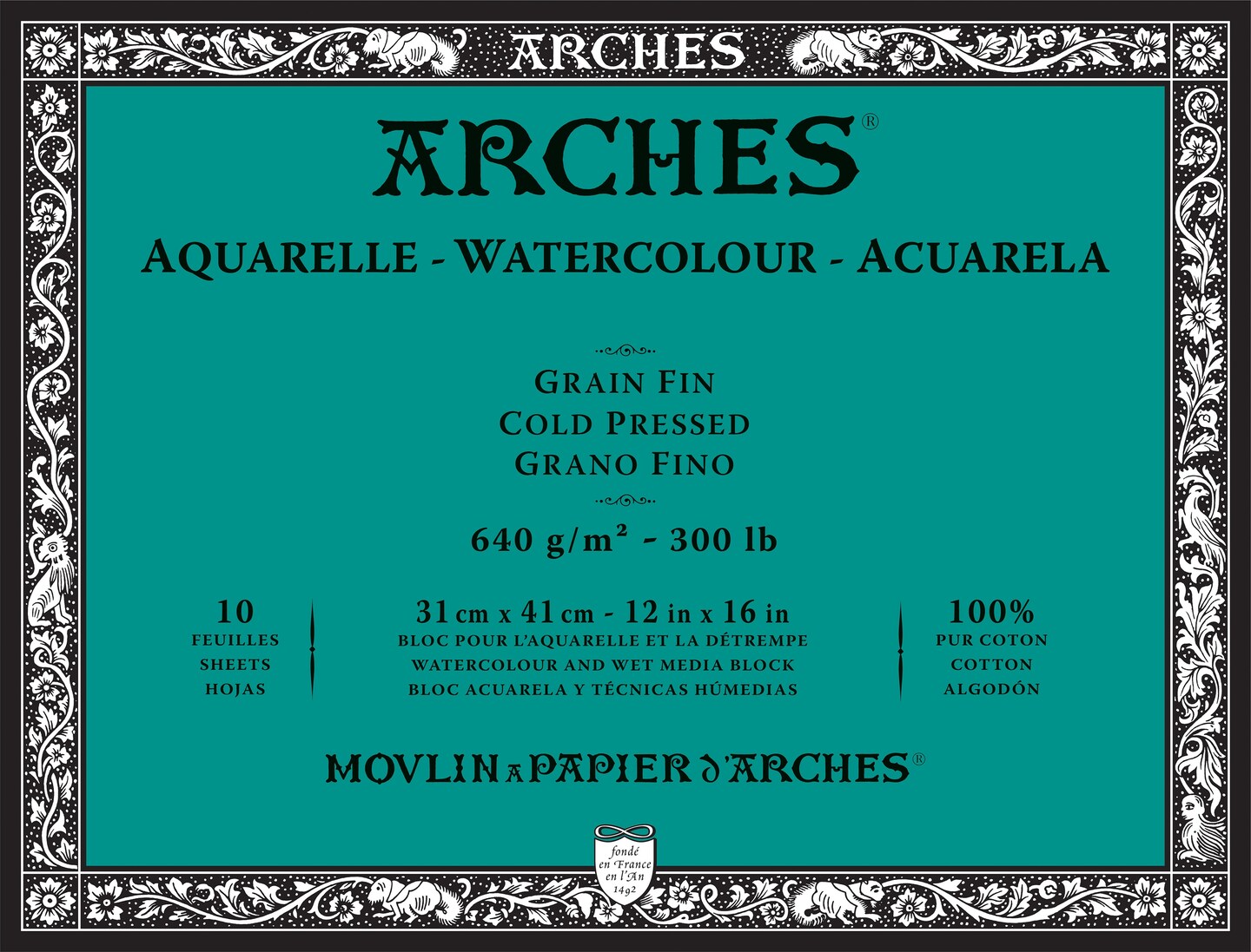 Arches Aquarelle Heavyweight Watercolor Block 12"X16"- 300lb, 10 Sheets