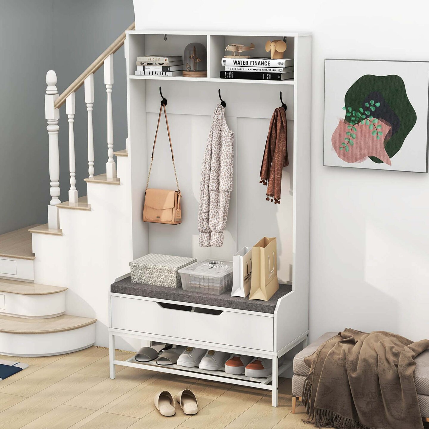 Costway 69" Tall Hall Tree with Seat Cushion Open Compartments Hooks Lift-top Storage White/Black/Rustic Brown