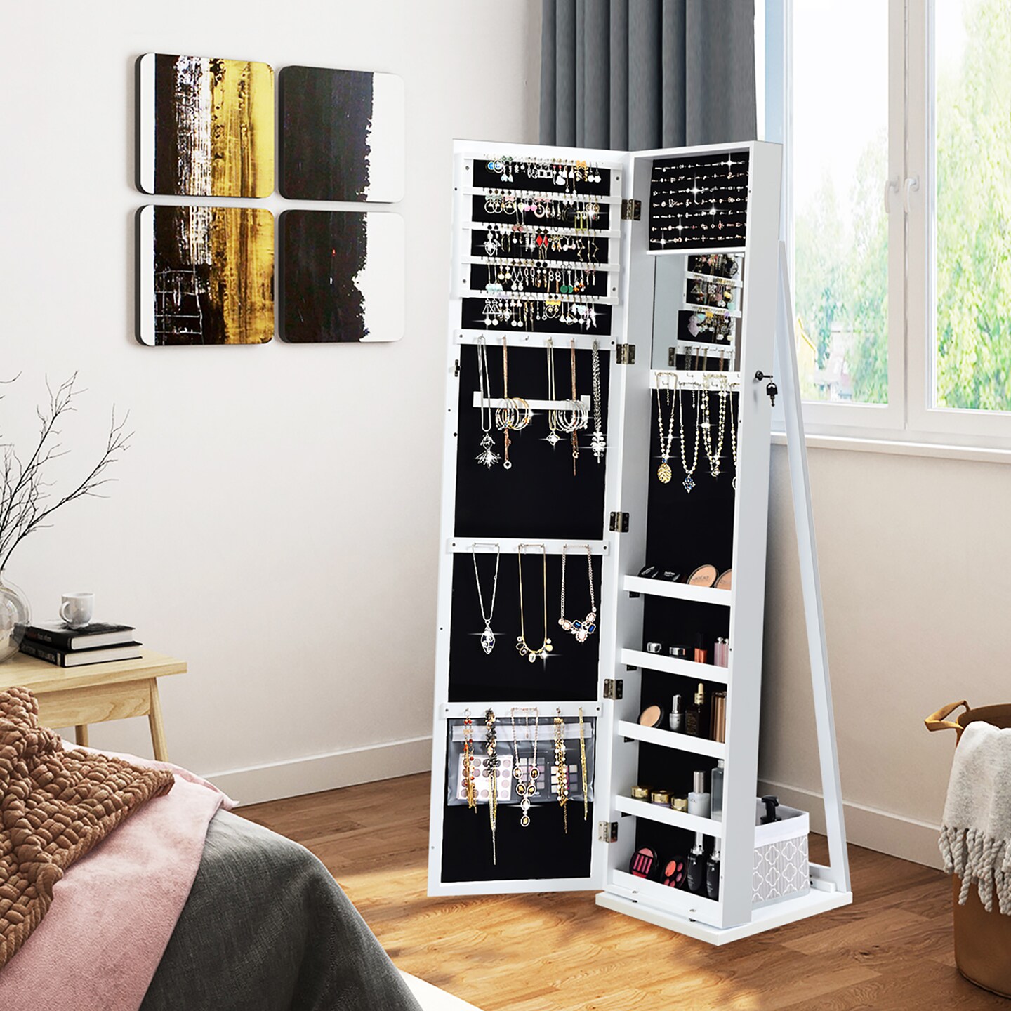 Costway Mirrored Jewelry Cabinet Armoire Lockable Standing Storage Organizer with Shelf Black/White/Coffee/Dark Brown