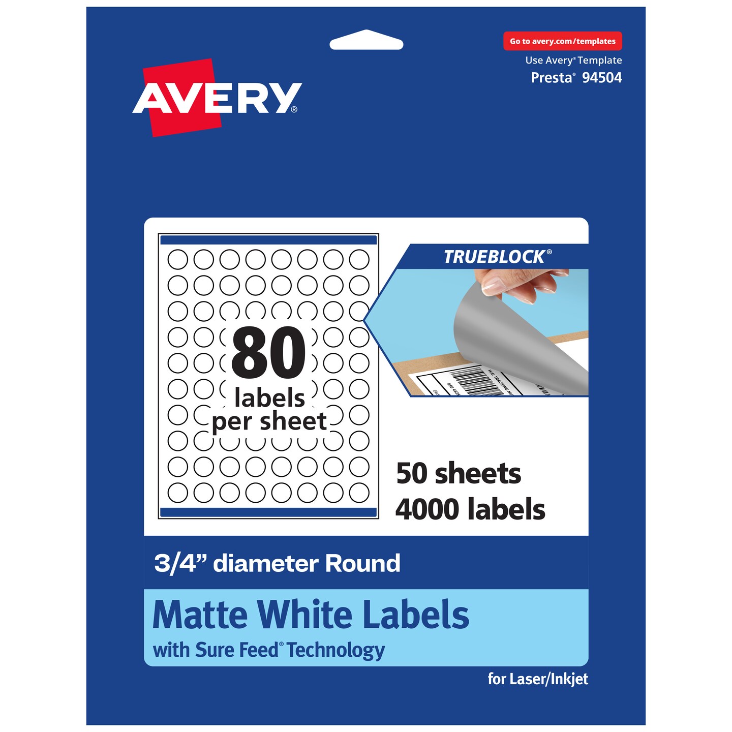 Avery TrueBlock Matte White Paper Labels,  3/4" diameter Round