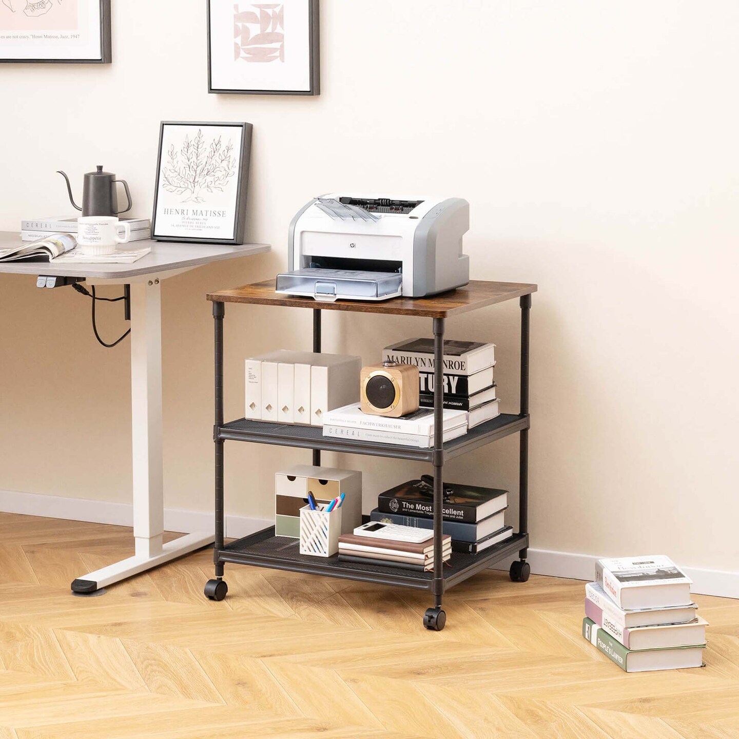 Costway 3-Tier Printer Stand Rolling Fax Cart with Adjustable Shelf &#x26; Swivel Wheel Brown/Black