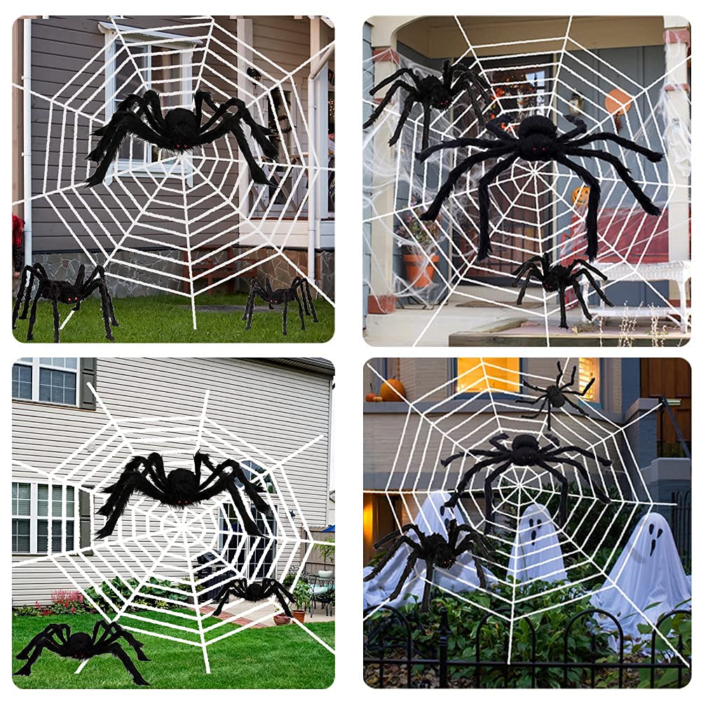 3 Pieces Halloween Hairy Spider Set,Realistic Giant Scary Spider Props Decoration with Spider Web for Indoor and Outdoor Decoration (50&#x201D;,35&#x201D;, 30&#x201D;)