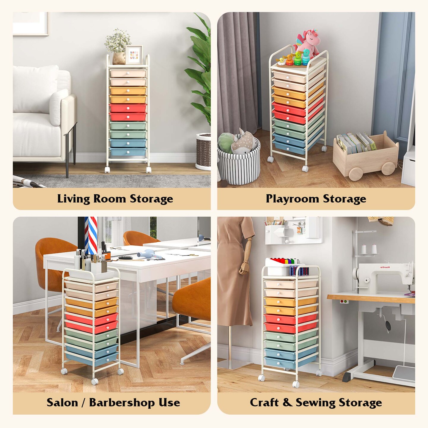 Costway 10 Drawer Rolling Storage Cart Scrapbook Paper Office School Organizer Gradient Black/Gradient Pink/Multicolor/Yellow/Colorful/Clear/Black/Hot Pink/Skin Pink/Purple