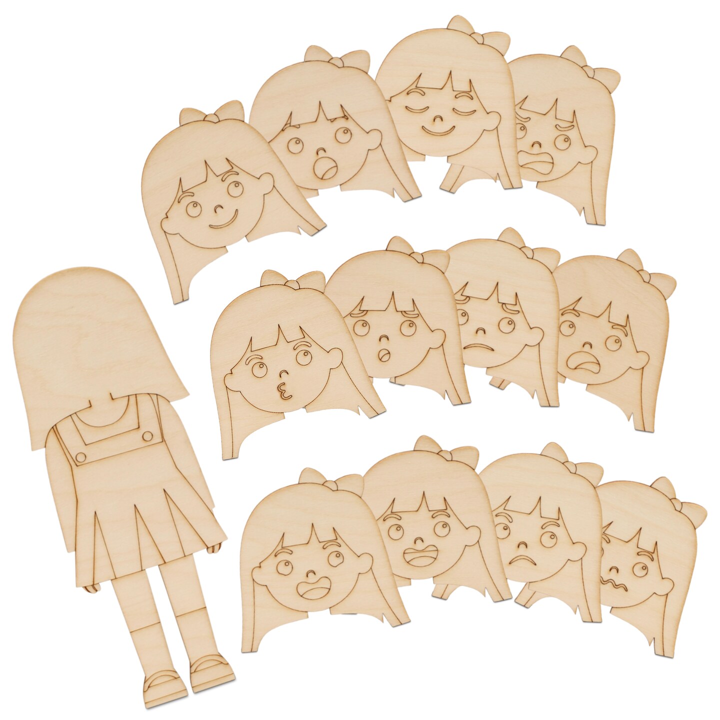 Emotion Faces Cutouts Girl 10&#x201D;, Set of 13 Feeling Cards for Kids | Woodpeckers