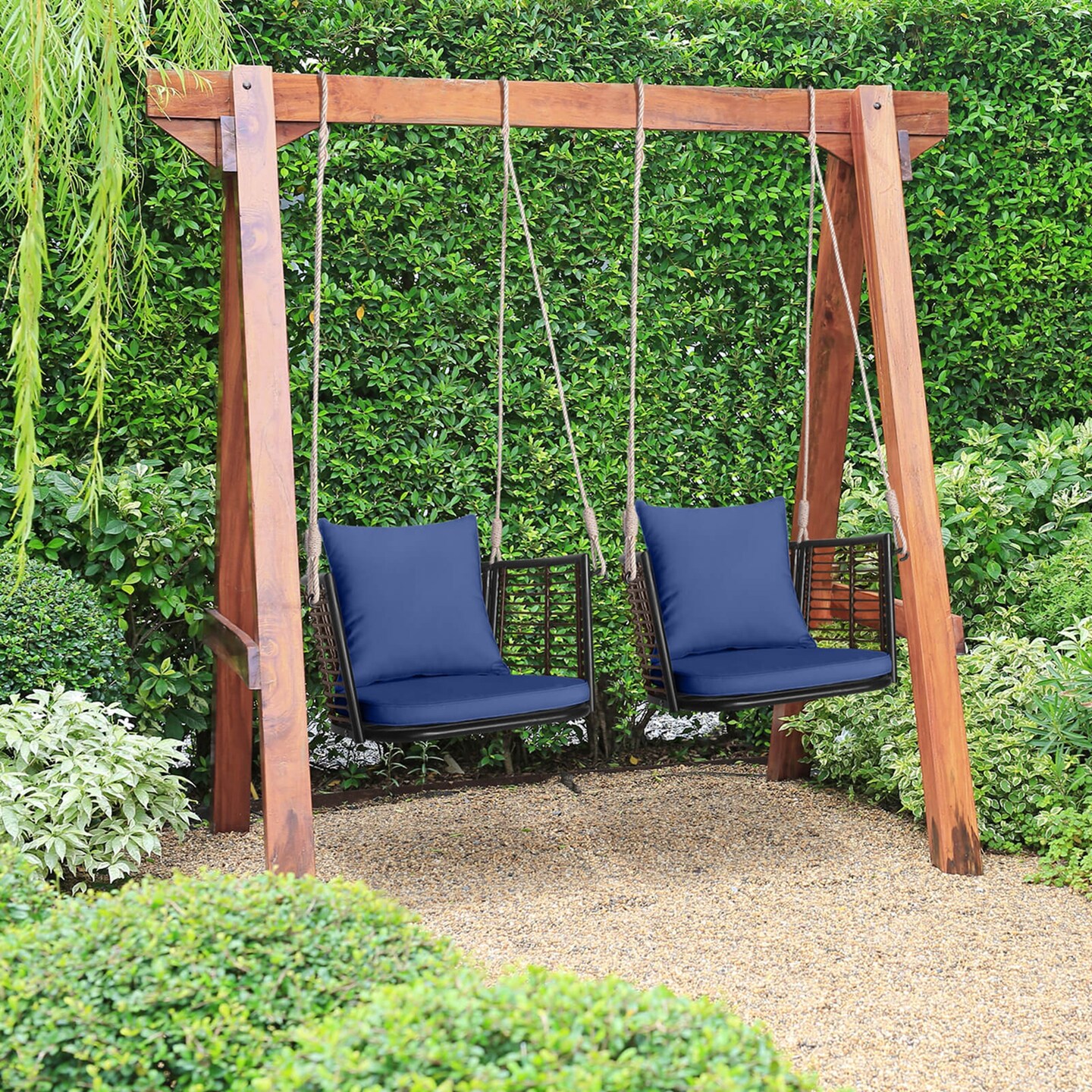 Costway Patio Hanging Rattan Basket Chair Swing Hammock Chair with Seat Cushion Navy/Grey/Beige