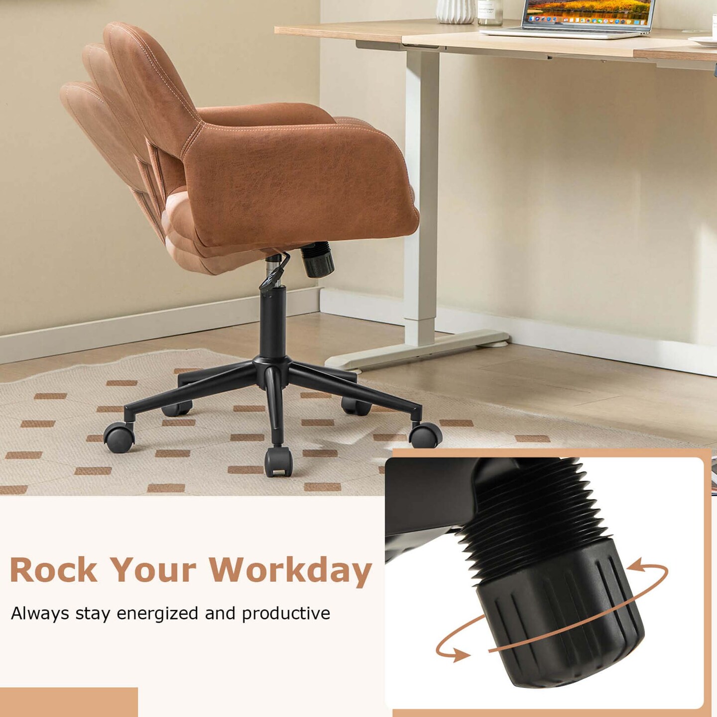 Costway Leathaire Home Office Chair with Ergonomic Backrest Padded Armrests Casters