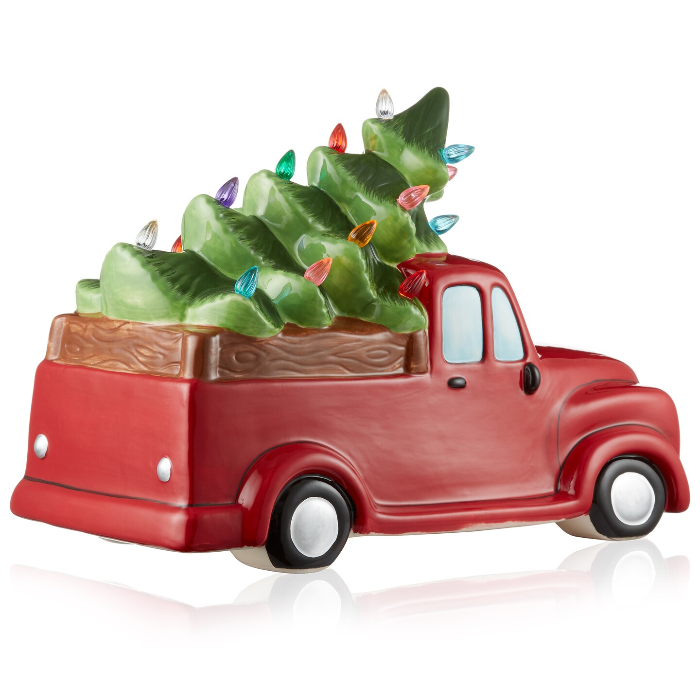 Casafield Hand Painted Ceramic Christmas Truck with Tree, Red Pre-Lit Truck with Green Tree and 20 Multi Color Lights