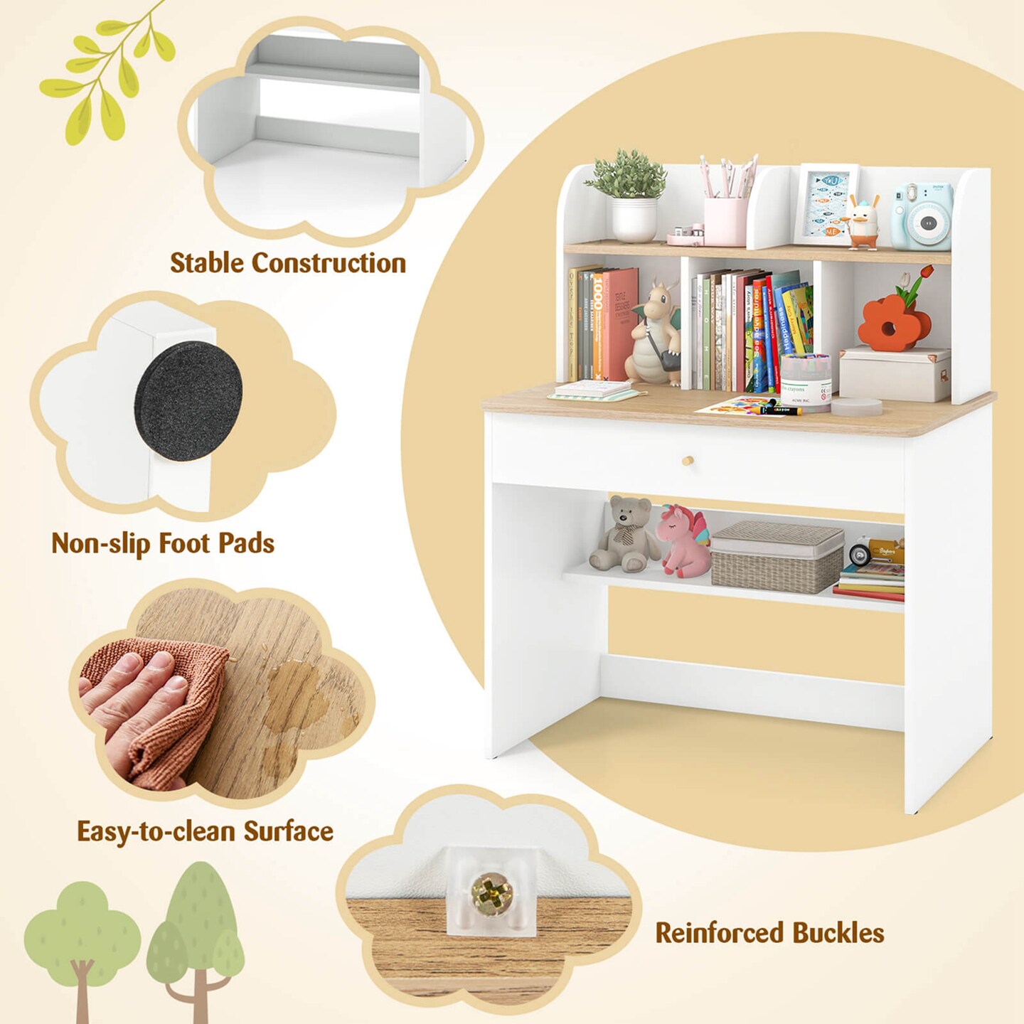 Costway Kids Wooden Study Desk Children Writing Table with Hutch & Drawer White